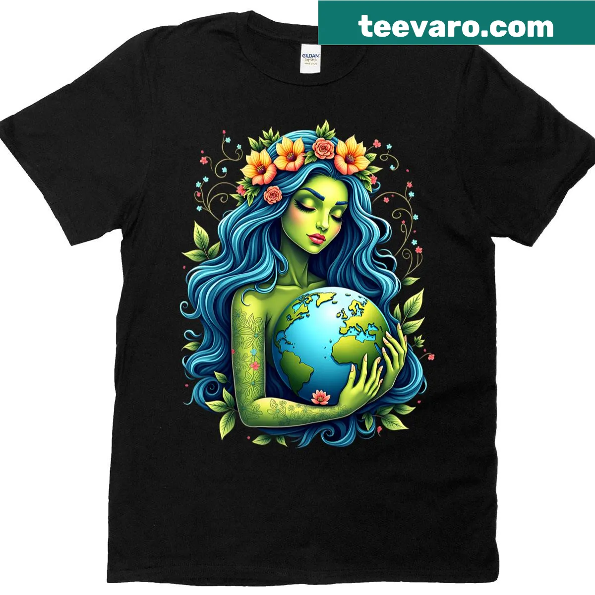 Gaia Mother Earth Day t-shirt with leaves and typography design — on a men's t-shirt