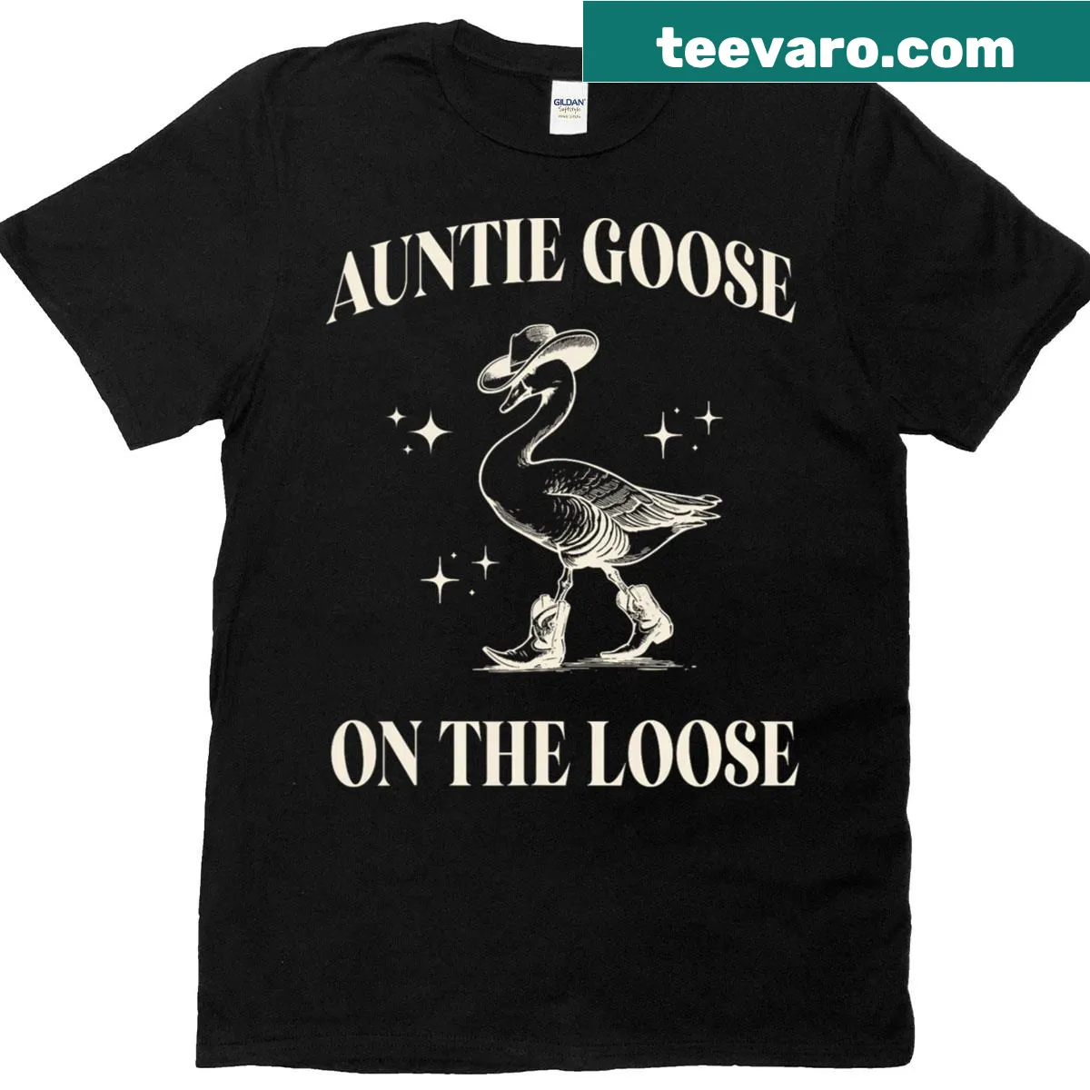 Playful Mother's Day T-shirt with silly auntie goose illustration — on a men's t-shirt