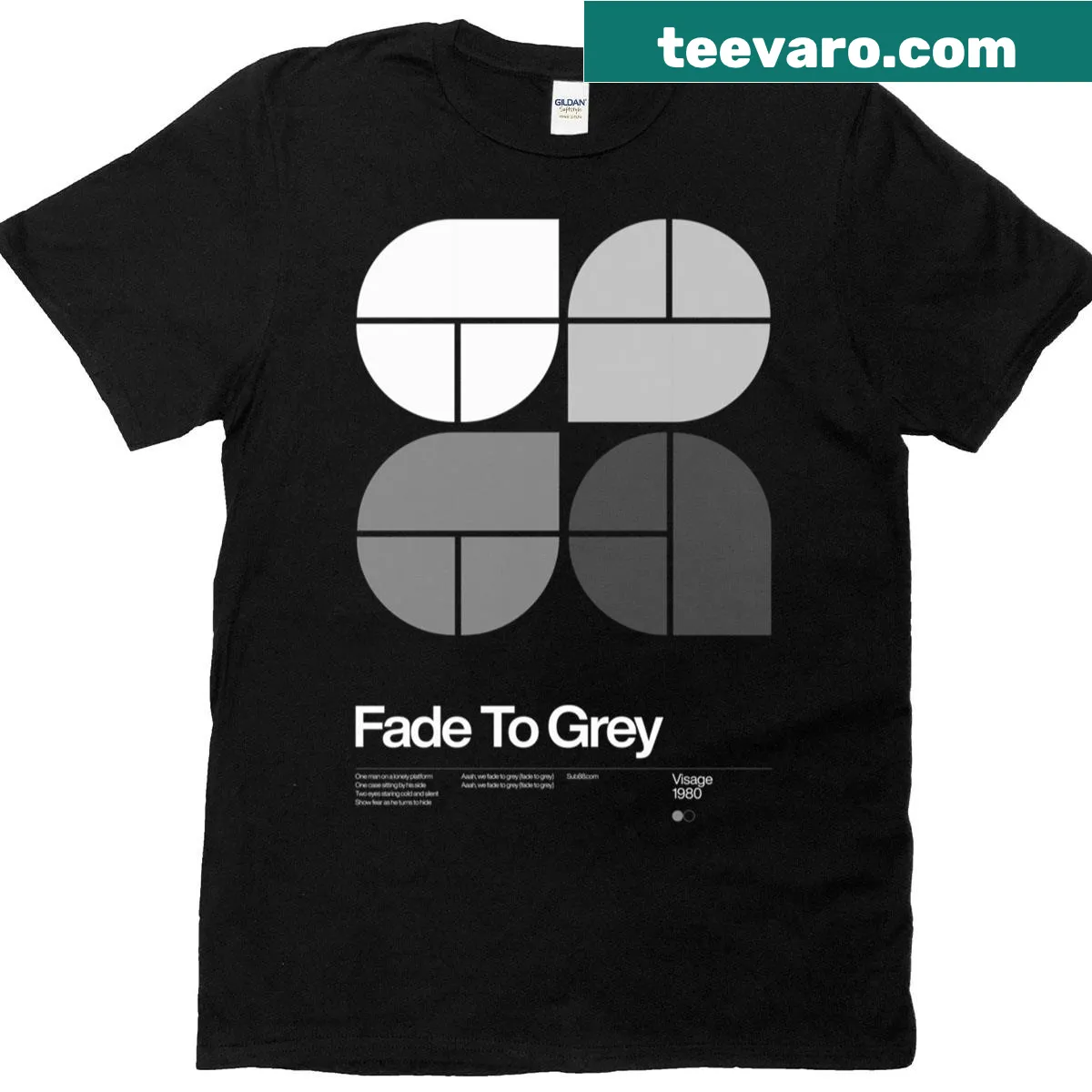 Minimalist 1980 New Wave t-shirt with 'Fade To Grey' typography. — on a men's t-shirt