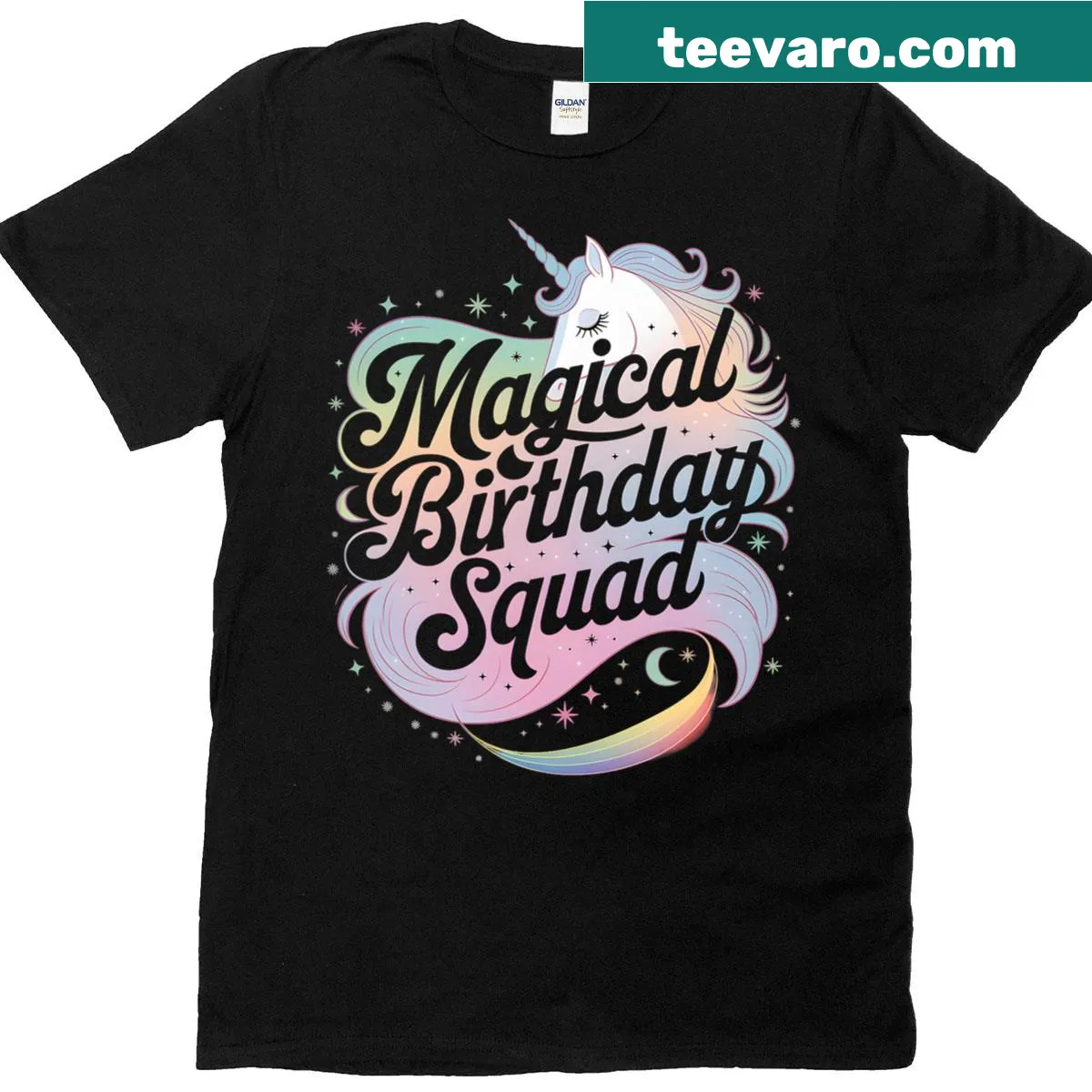 Whimsical unicorn graphic on a birthday party T-shirt — on a men's t-shirt