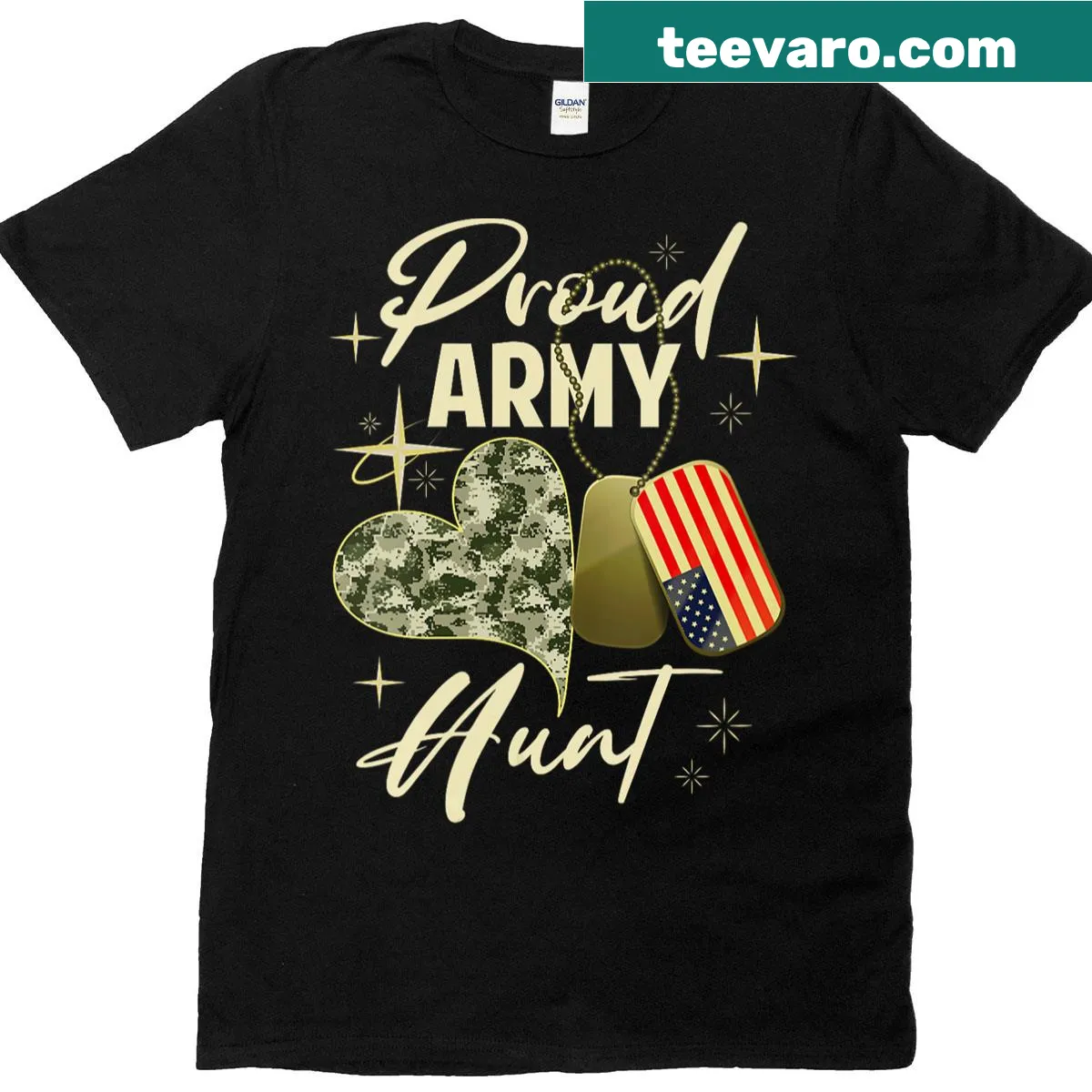 Camouflage T-shirt with dog tag and flag design for military moms — on a men's t-shirt