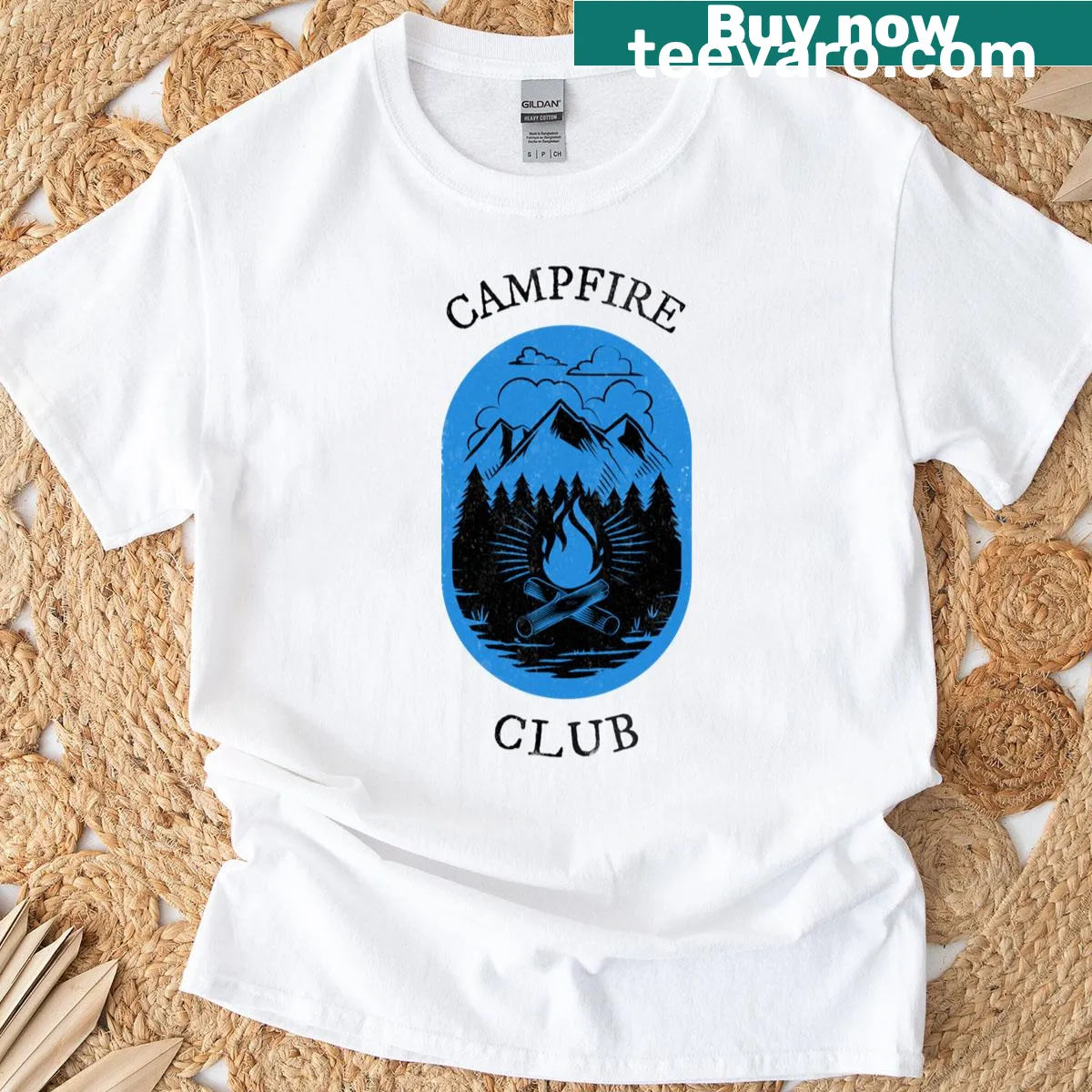 Campfire emblem design on a classic outdoors t-shirt — on a men's t-shirt