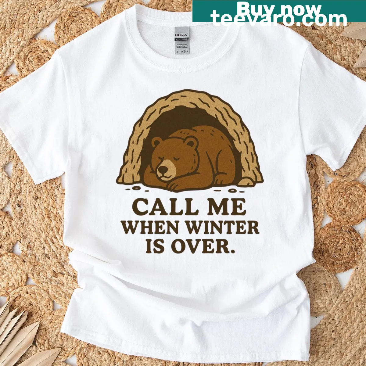 Illustration celebrating the end of winter with uplifting text — on a men's t-shirt