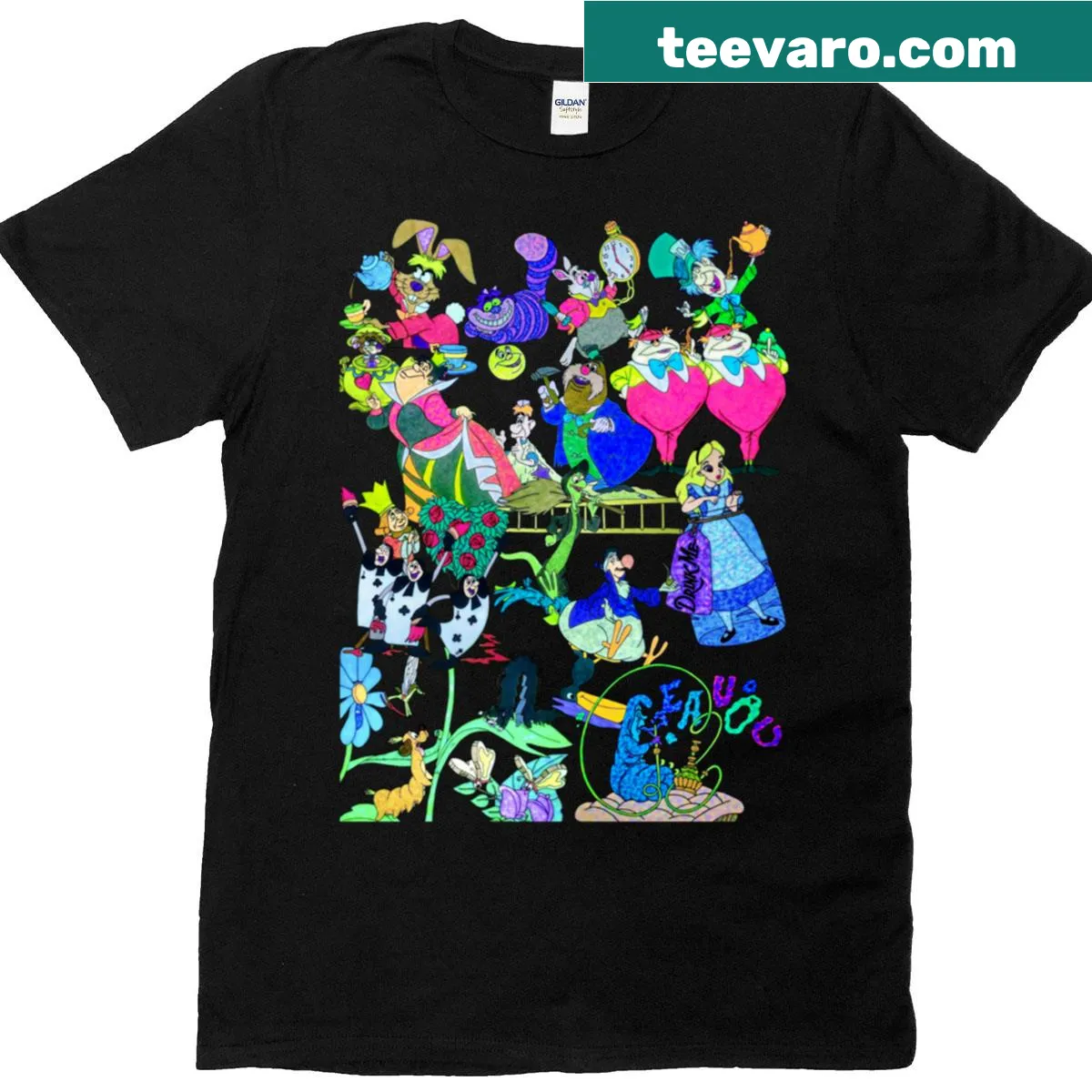 Wonderland-themed T-shirt with whimsical cartoon illustrations — on a men's t-shirt