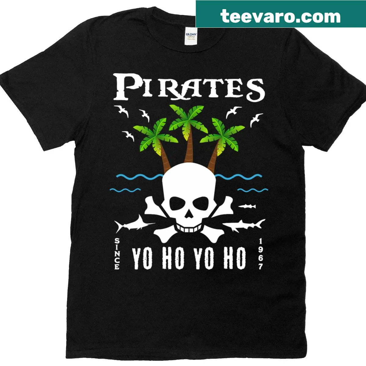 Pirate skull themed t-shirt inspired by Caribbean rides — on a men's t-shirt