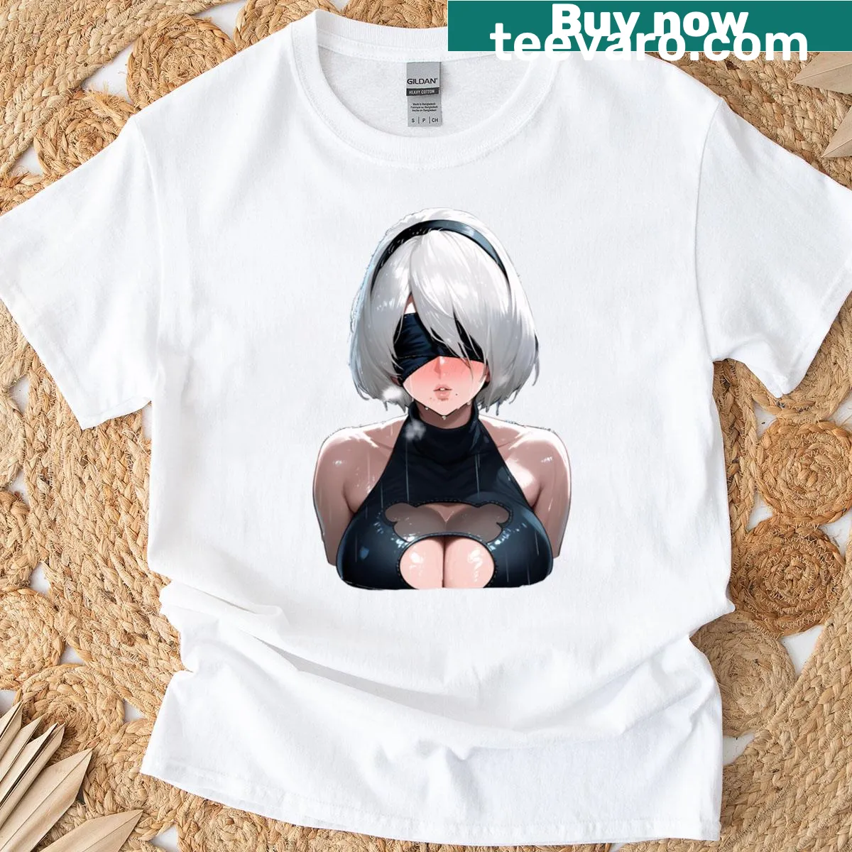 Artistic design of 2B from Nier Automata on T-shirt — on a men's t-shirt