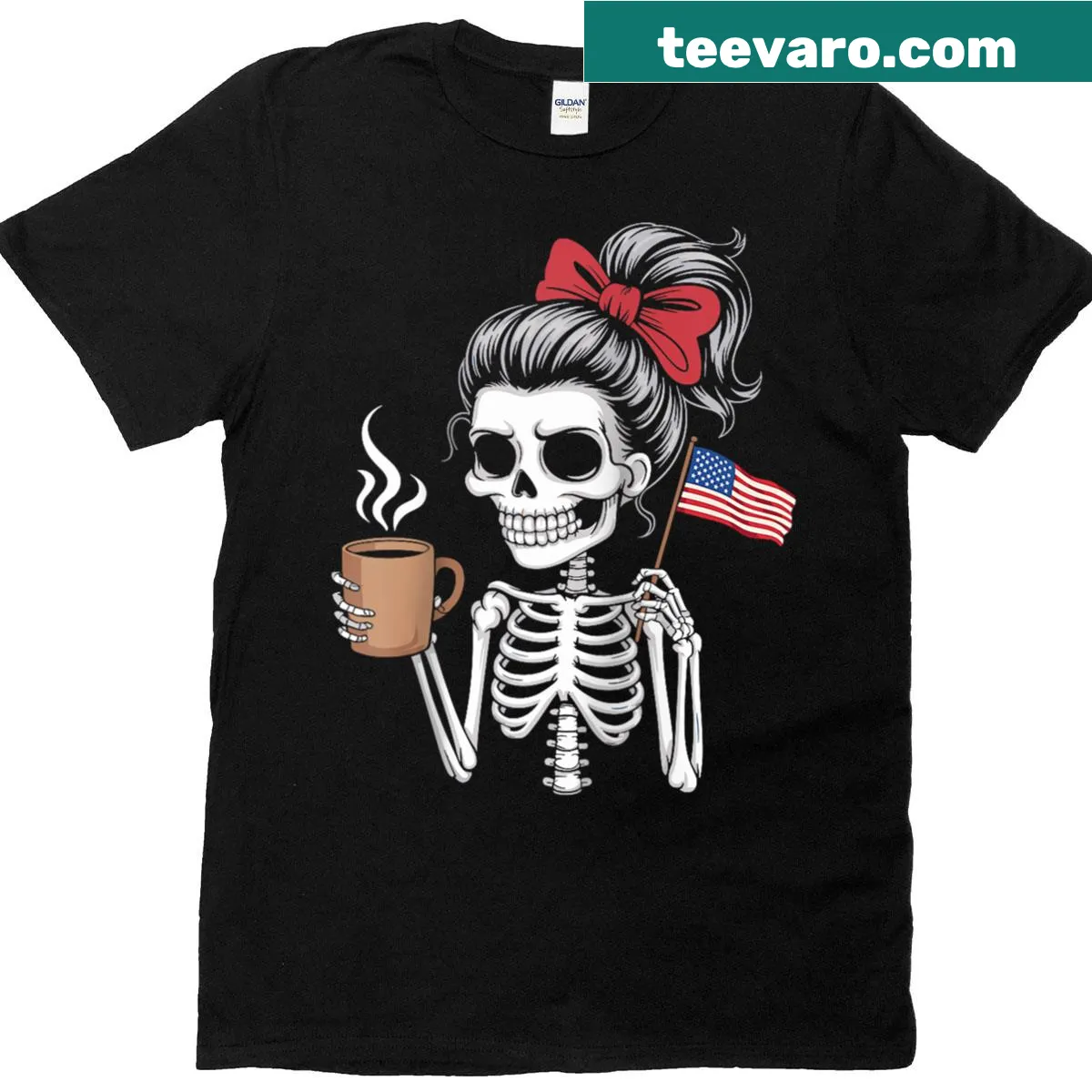 Patriotic skeleton mom T-shirt with USA flag and coffee design. — on a men's t-shirt