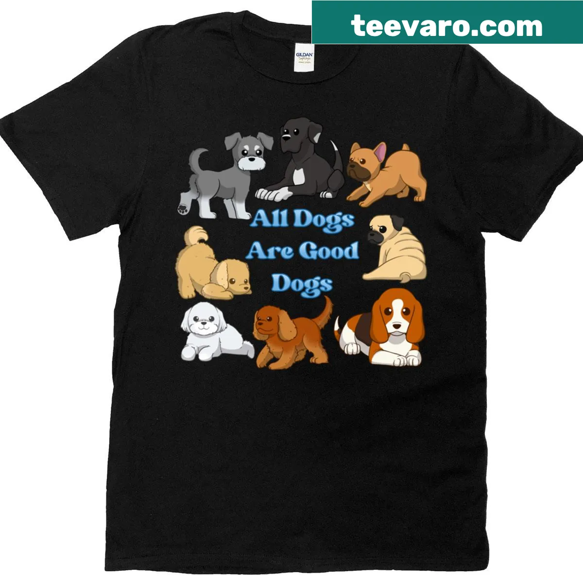 Cheerful t-shirt with the phrase 'All Dogs Are Good Dogs' and playful graphics. — on a men's t-shirt
