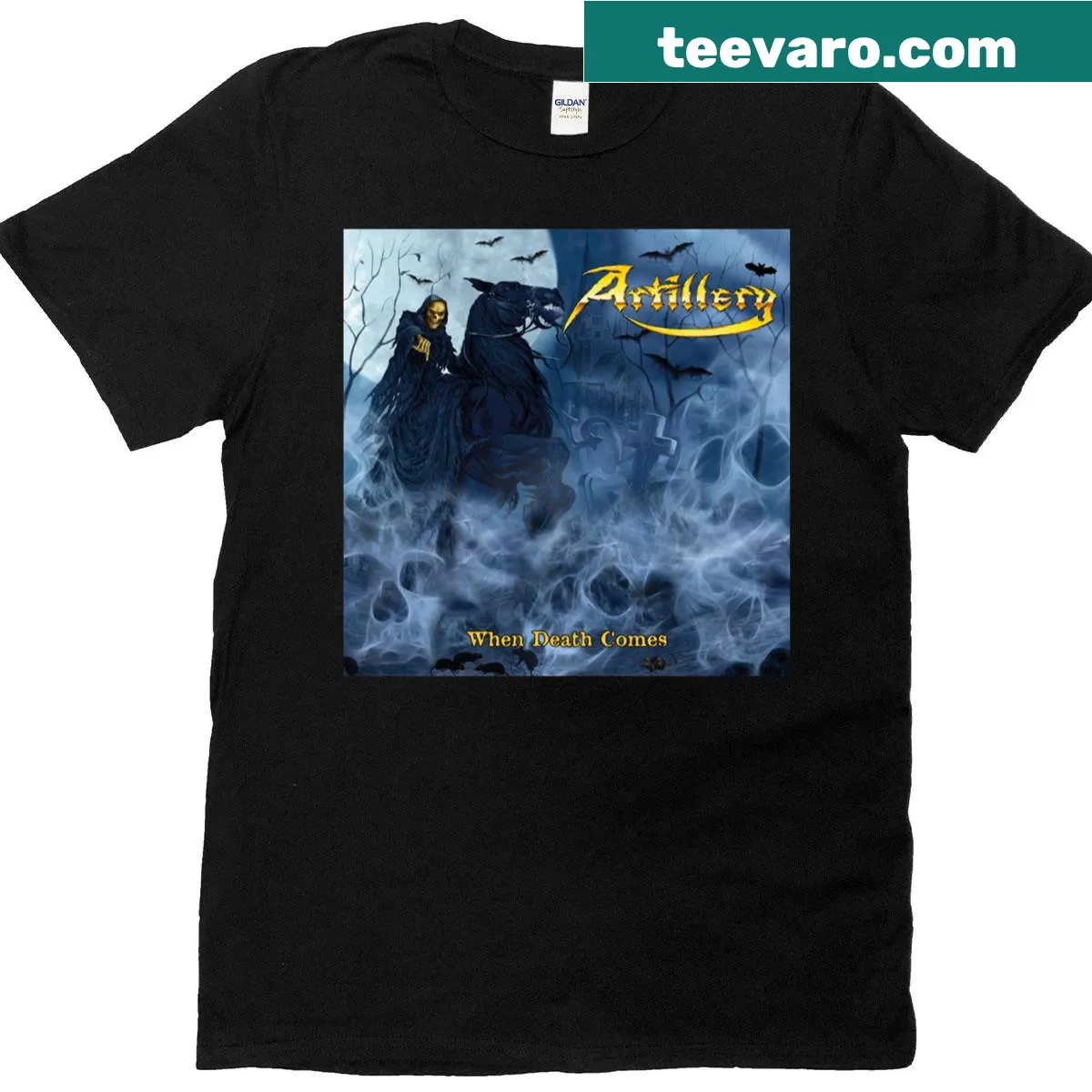 T-shirt featuring the album title 'When Death Comes' by Artillery — on a men's t-shirt