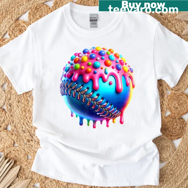 Playful baseball ice cream drip illustration on a kids T-shirt