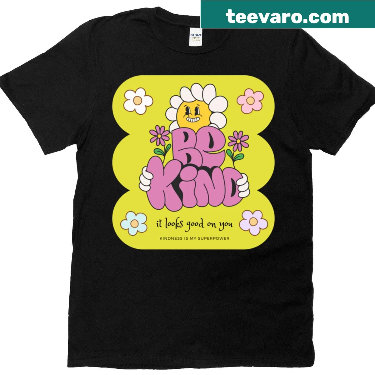 Retro flower power graphic design t-shirt with Be Kind text — on a men's t-shirt