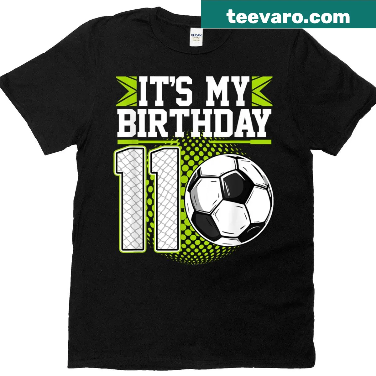 Cartoon birthday T-shirt for an 11-year-old boy who loves soccer — on a men's t-shirt