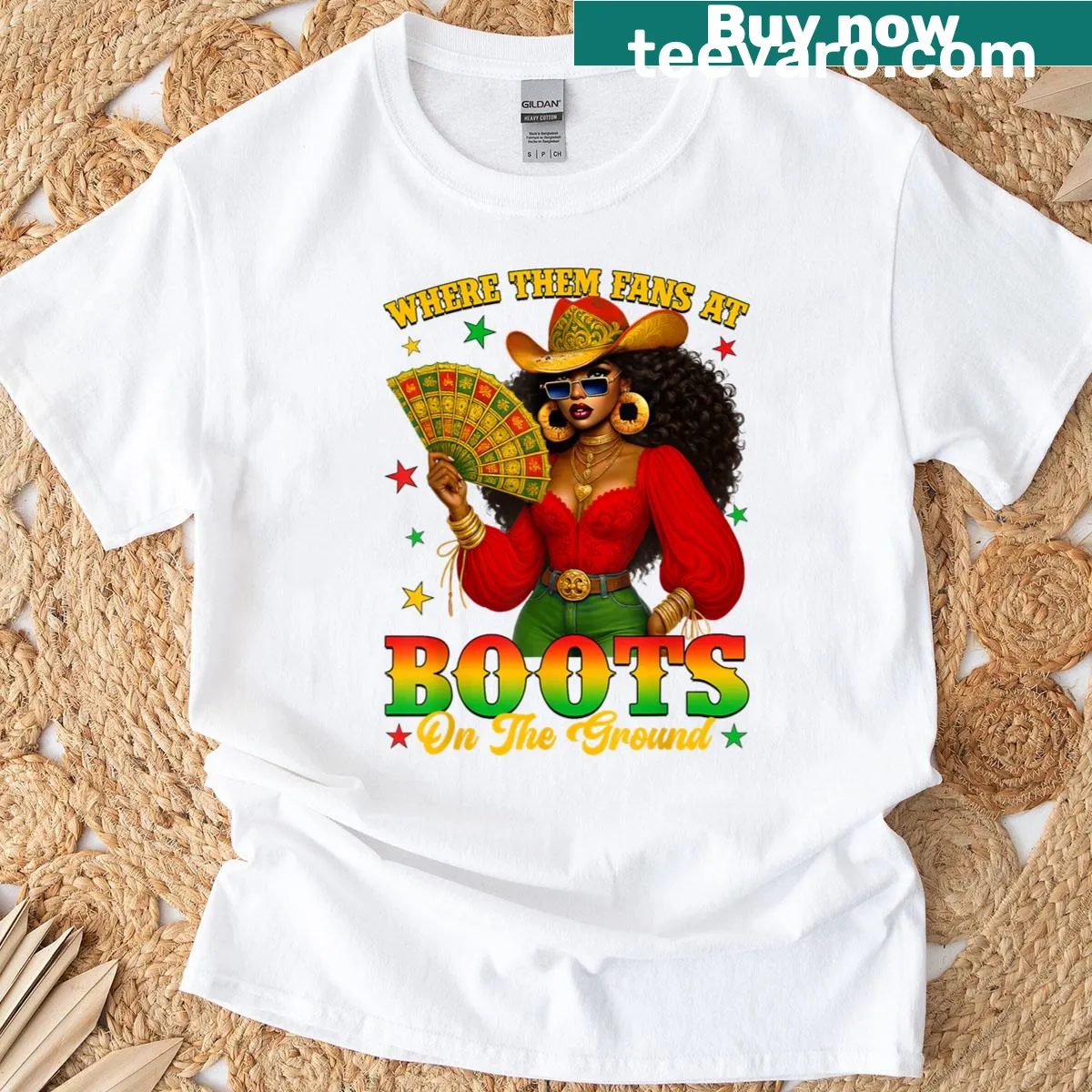 Fun cowgirl illustration with 'Where Them Fans At' on T-shirt — on a men's t-shirt