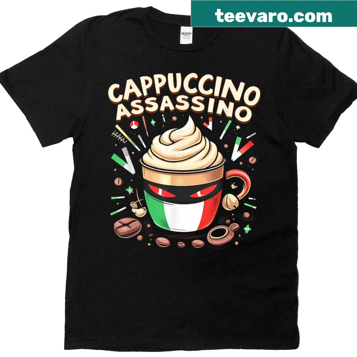 Funny typography t-shirt featuring 'Cappuccino Assassino' and Italian flag design — on a men's t-shirt