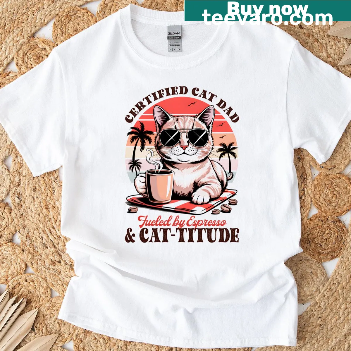 Certified Cat Dad T-shirt with espresso-themed typography — on a men's t-shirt