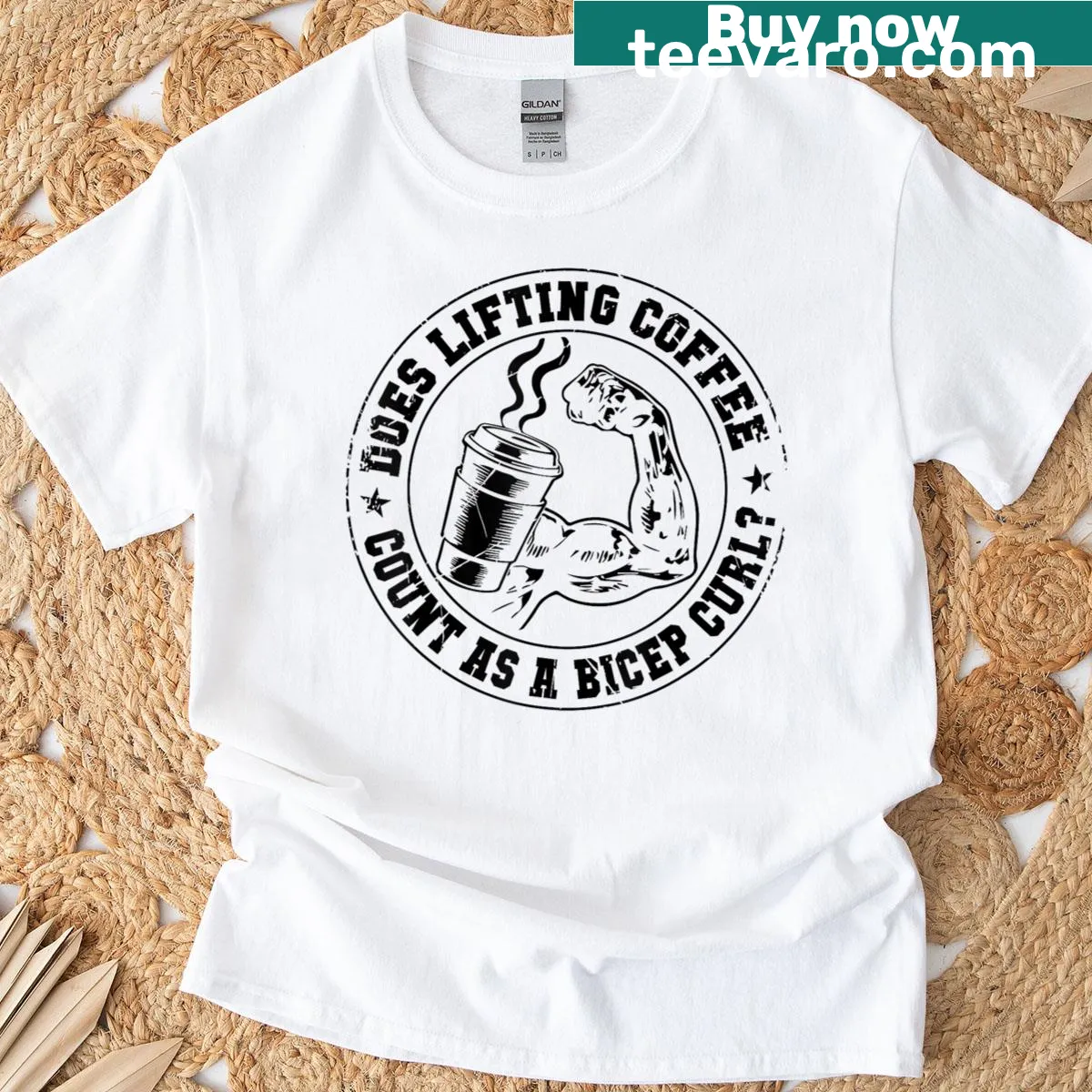 Bicep curl graphic with coffee cup pun for gym lovers — on a men's t-shirt