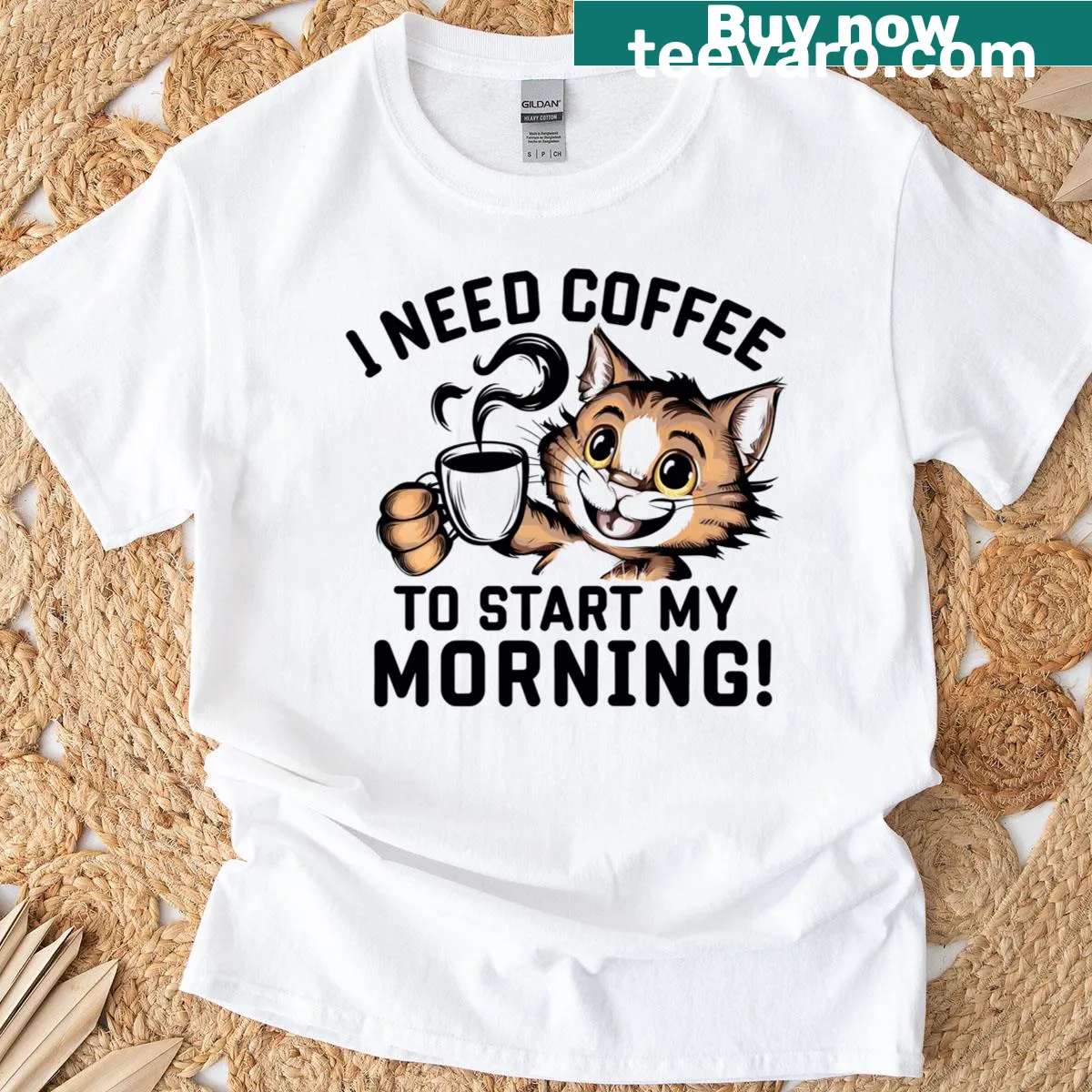 Cute kitty design holding a coffee cup, perfect for cat lovers — on a men's t-shirt