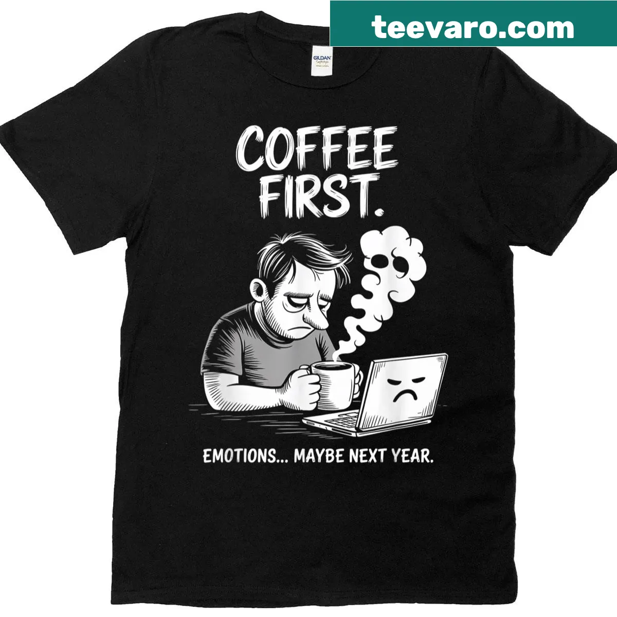 Funny T-shirt with humorous coffee-themed text — on a men's t-shirt