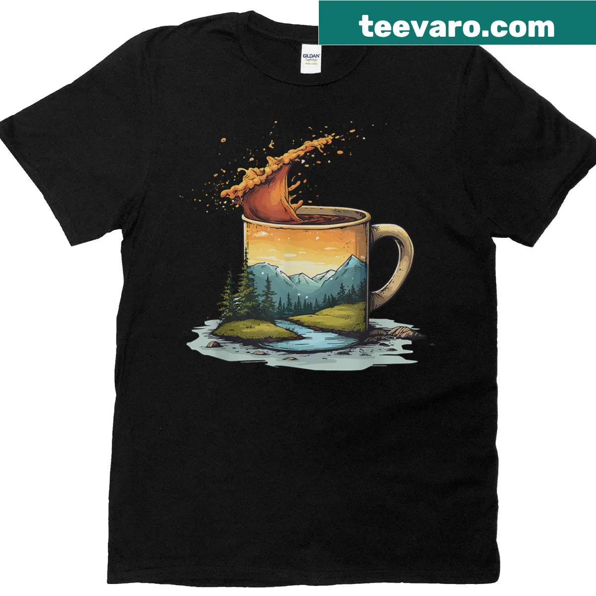 Adventure-themed Coffee Mountains graphic T-shirt — on a men's t-shirt