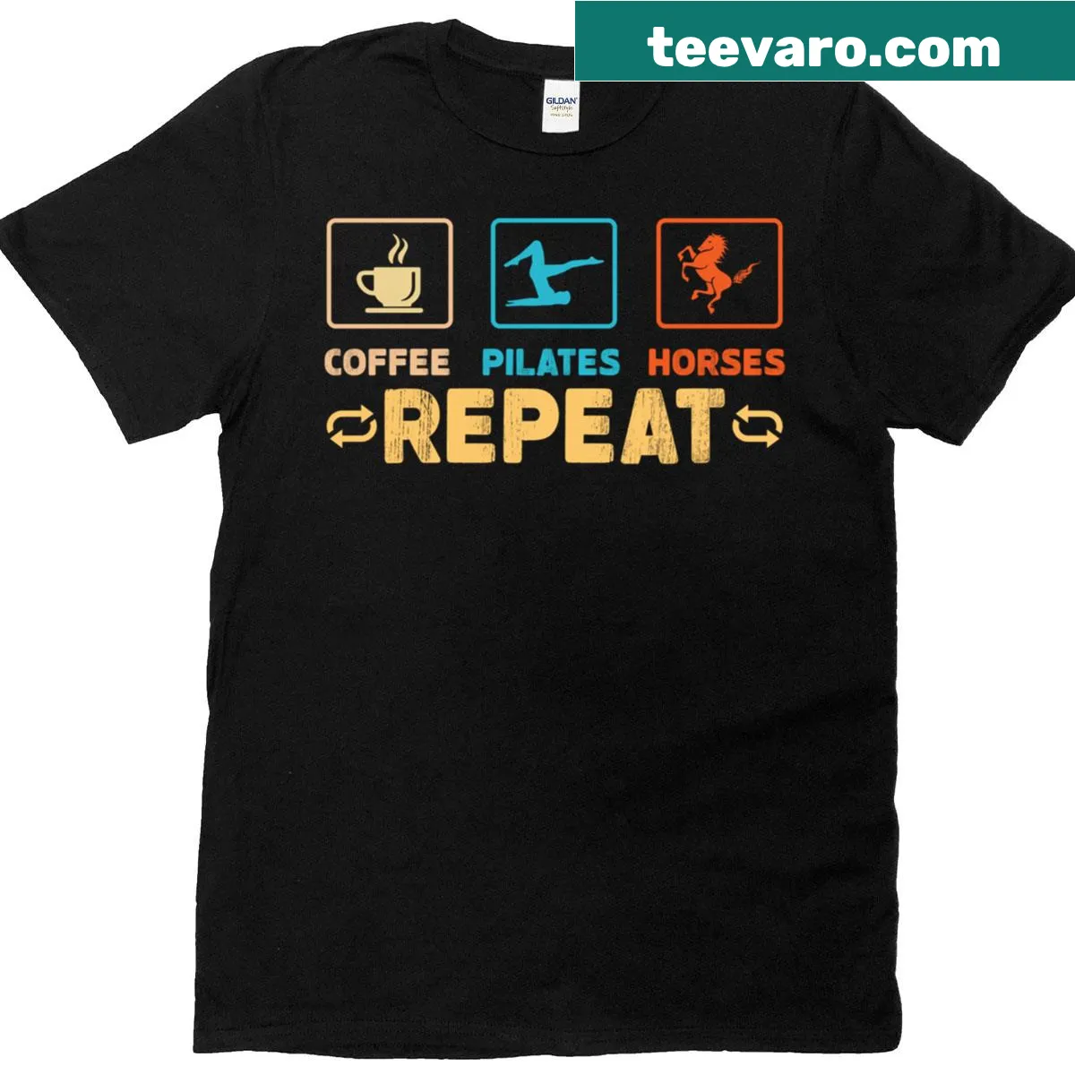 Playful typography t-shirt with 'Coffee Pilates Horses Repeat' text — on a men's t-shirt