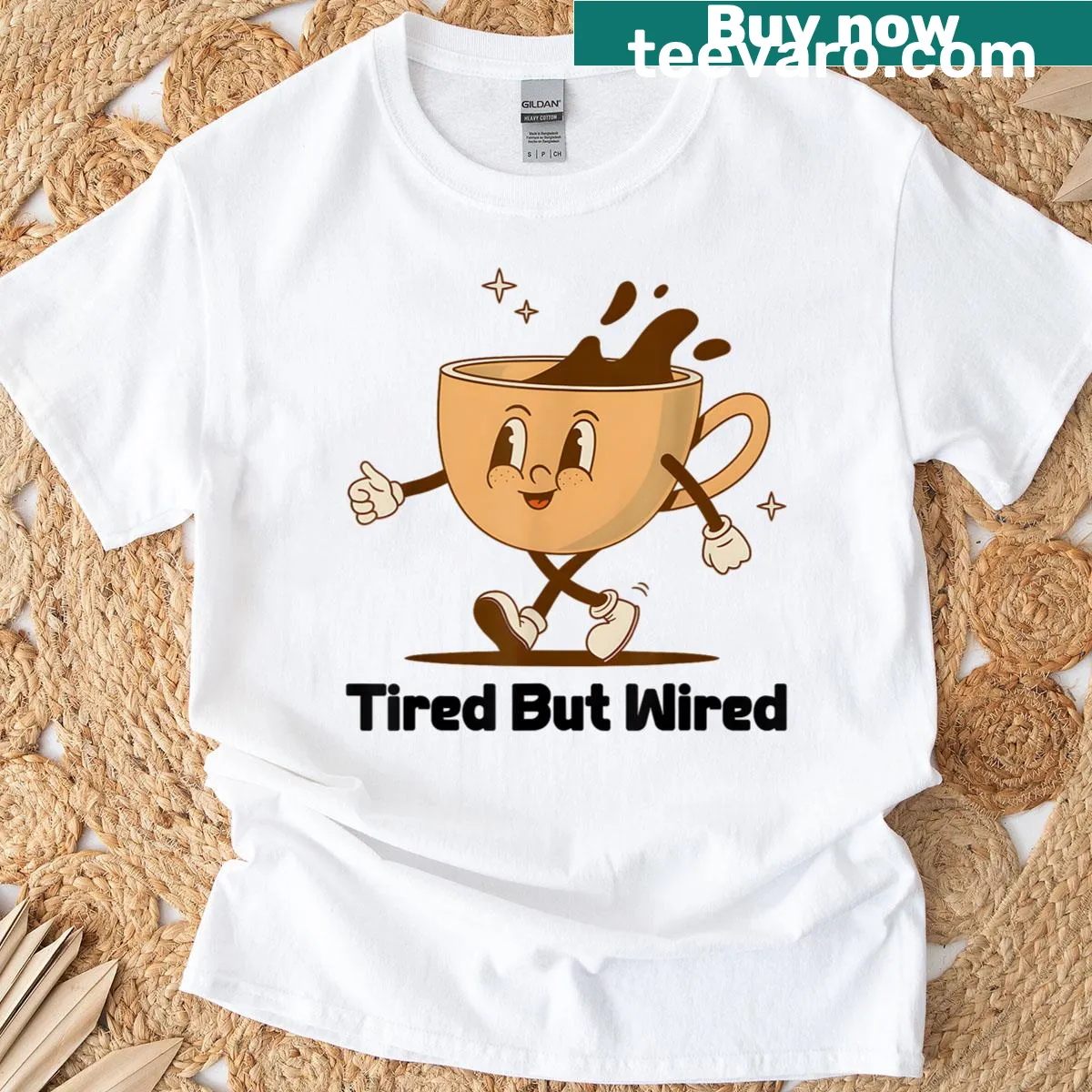 Funny Coffee T-shirt with 'Tired But Wired' text — on a men's t-shirt