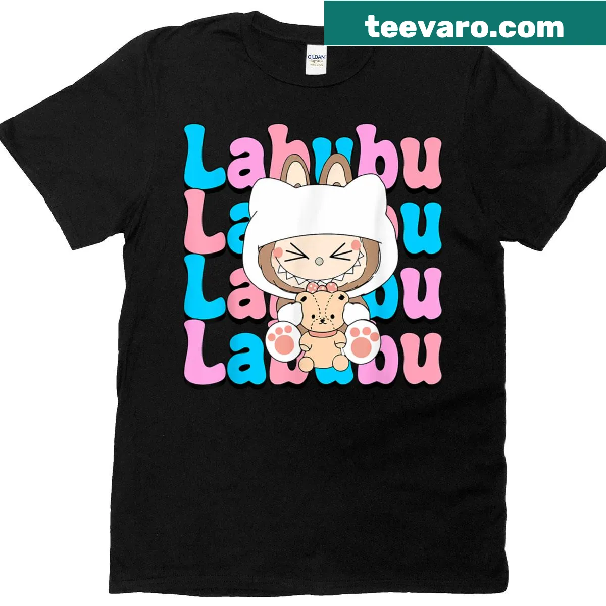 Cute t-shirt featuring a mischievous bunny illustration. — on a men's t-shirt
