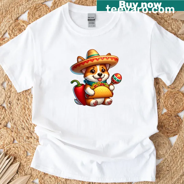 Corgi wearing sombrero and taco in playful festive design