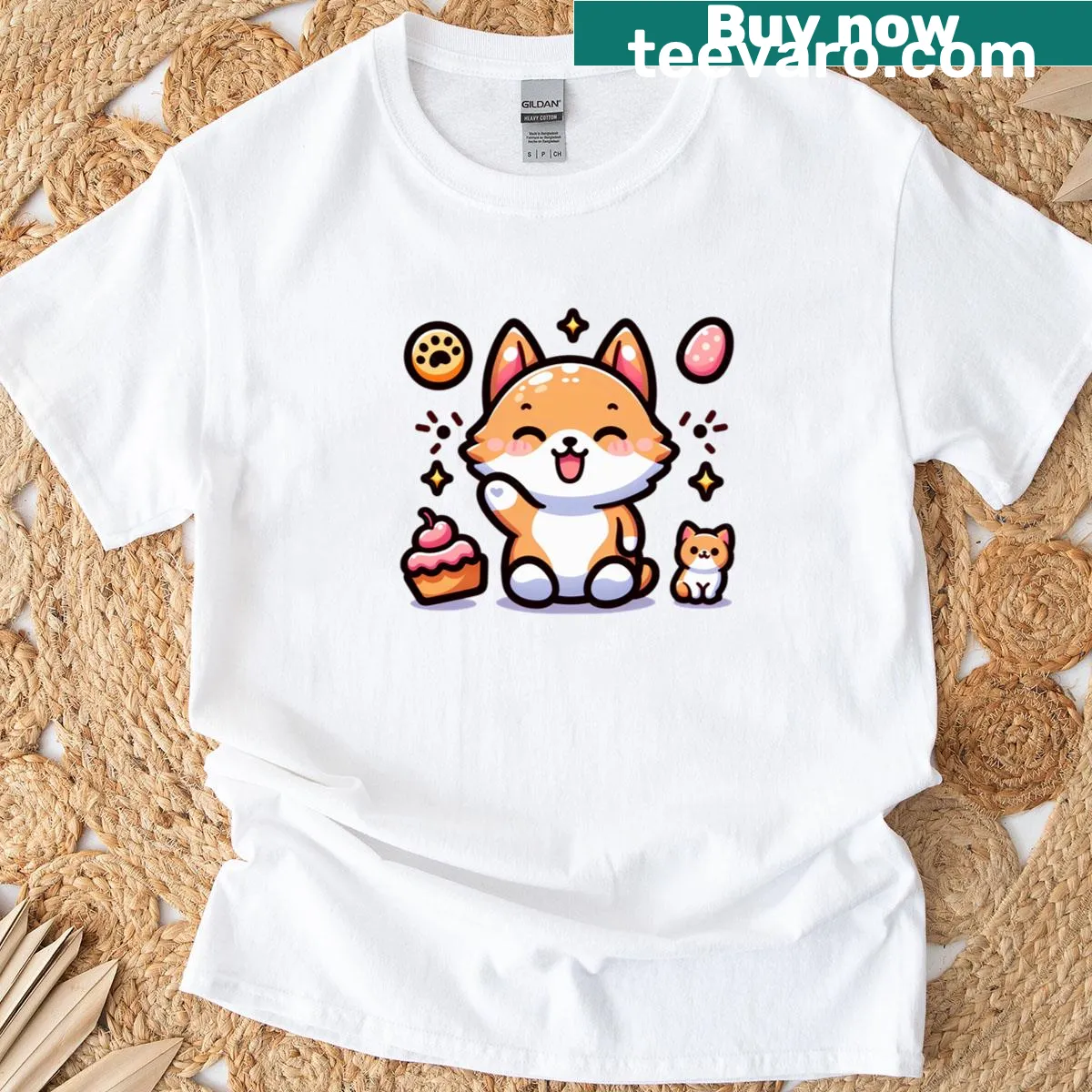 Corgi in party hat with birthday cake illustration — on a men's t-shirt