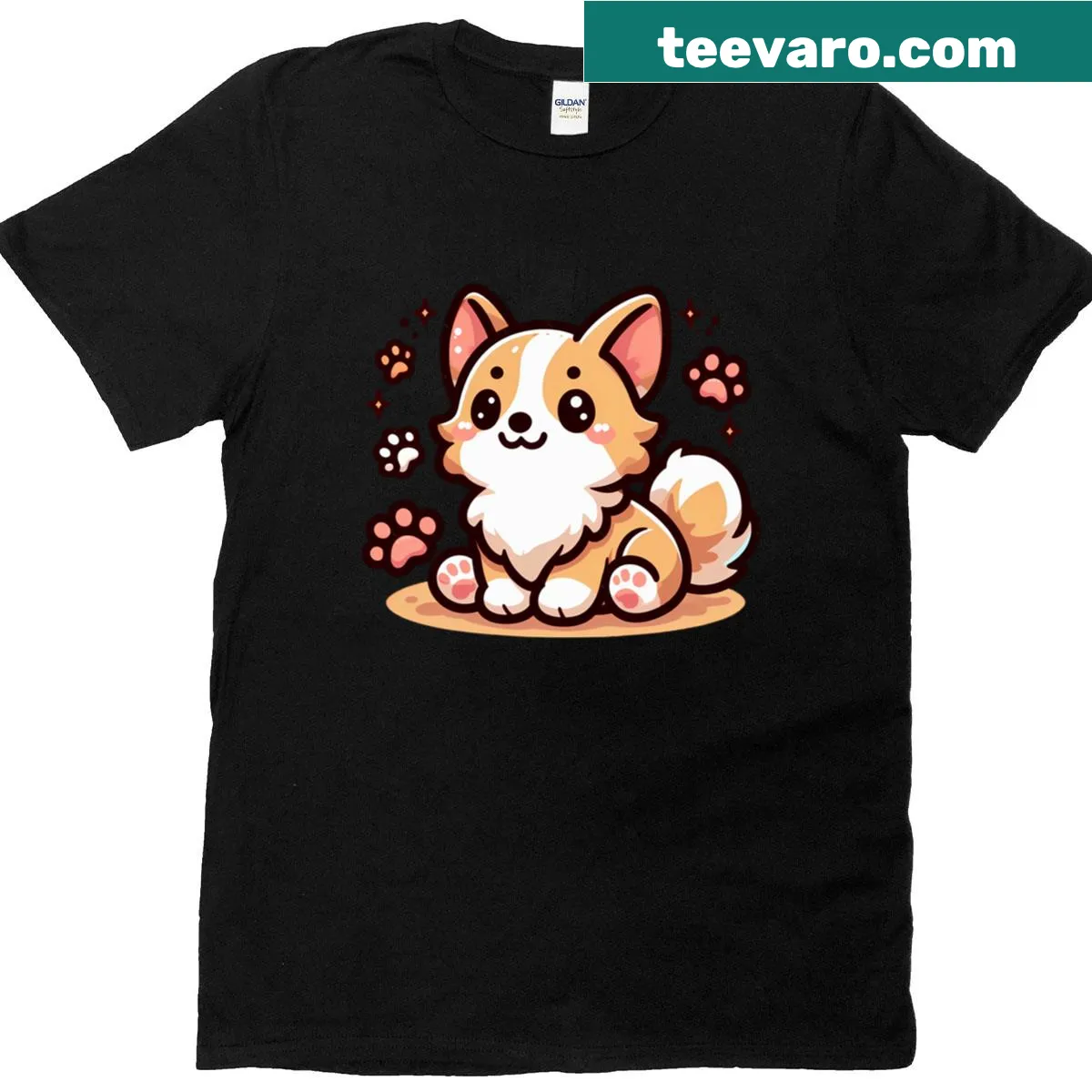 Illustrated T-shirt of a cute, playful corgi — on a men's t-shirt