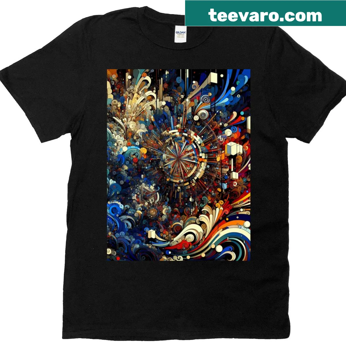 Graphic T-shirt with an abstract cosmic kaleidoscope design — on a men's t-shirt