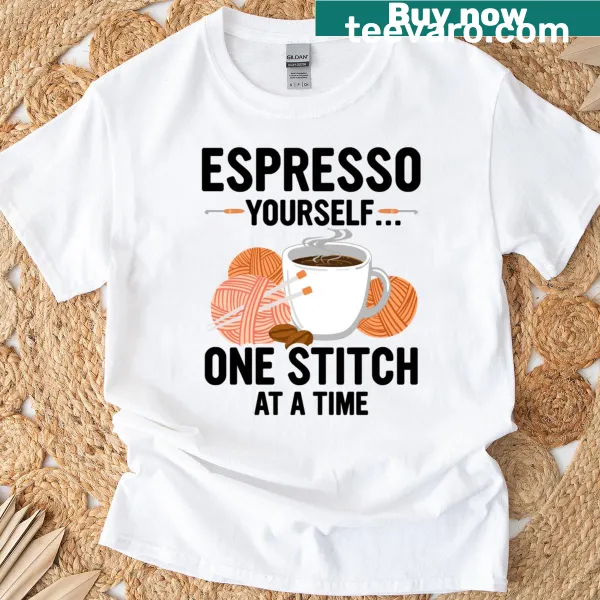 T-shirt featuring a crochet and coffee graphic illustration