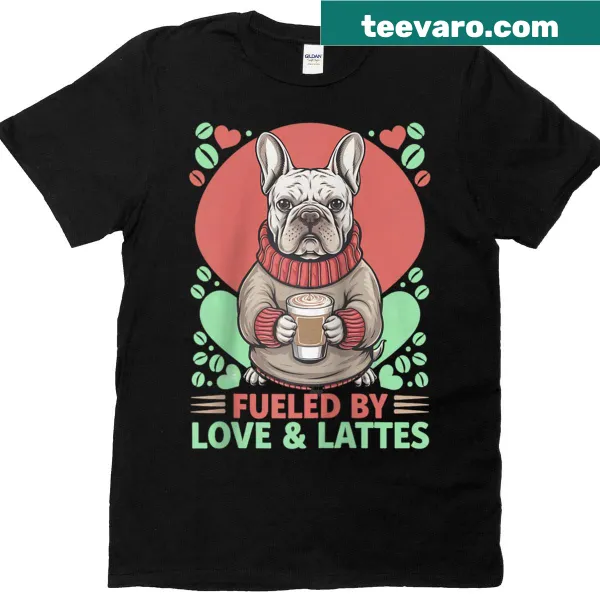 Illustration of a French Bulldog and coffee on a raglan tee