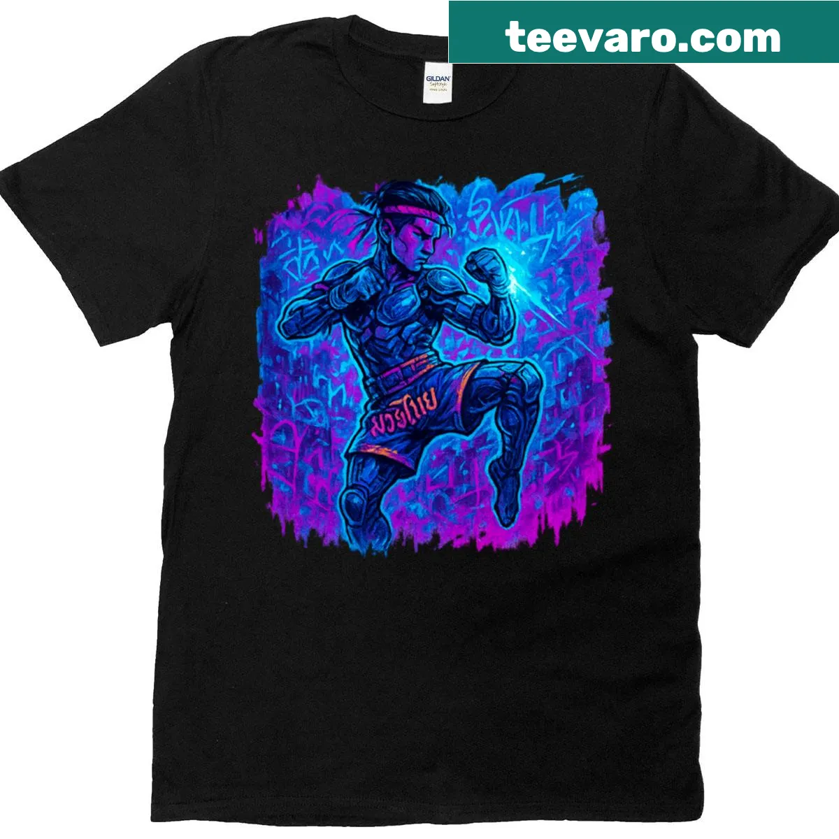 Cyberpunk Muay Thai Warrior t-shirt featuring bold typography and fighter graphic — on a men's t-shirt