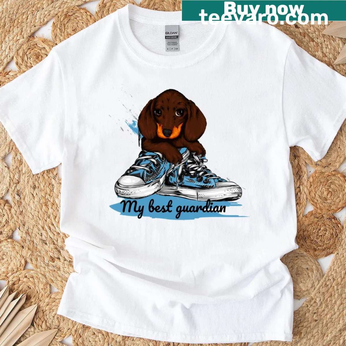 Cute T-shirt featuring an illustration of a dachshund dog — on a men's t-shirt