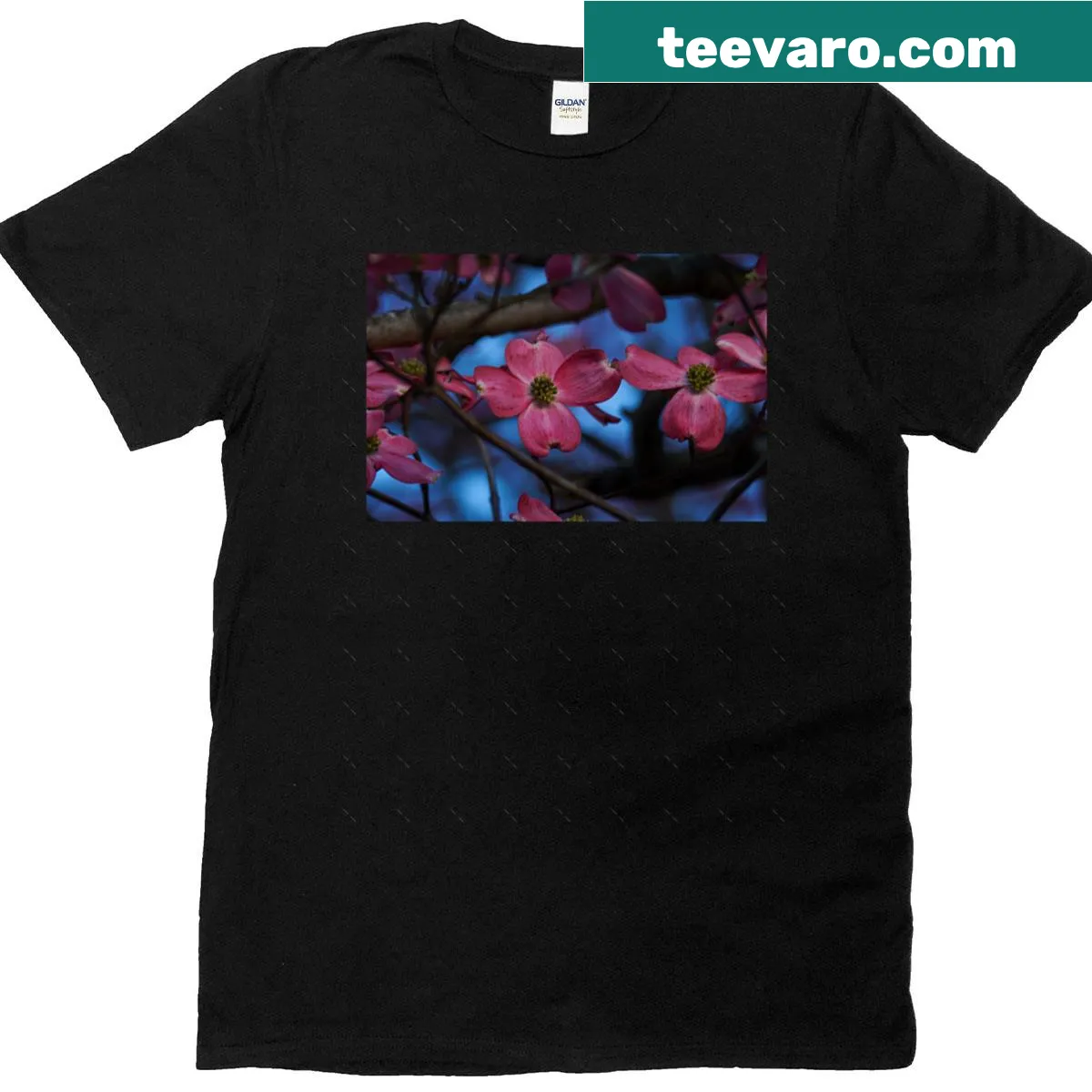 Floral illustration of dogwood blossoms on oversized t-shirt — on a men's t-shirt