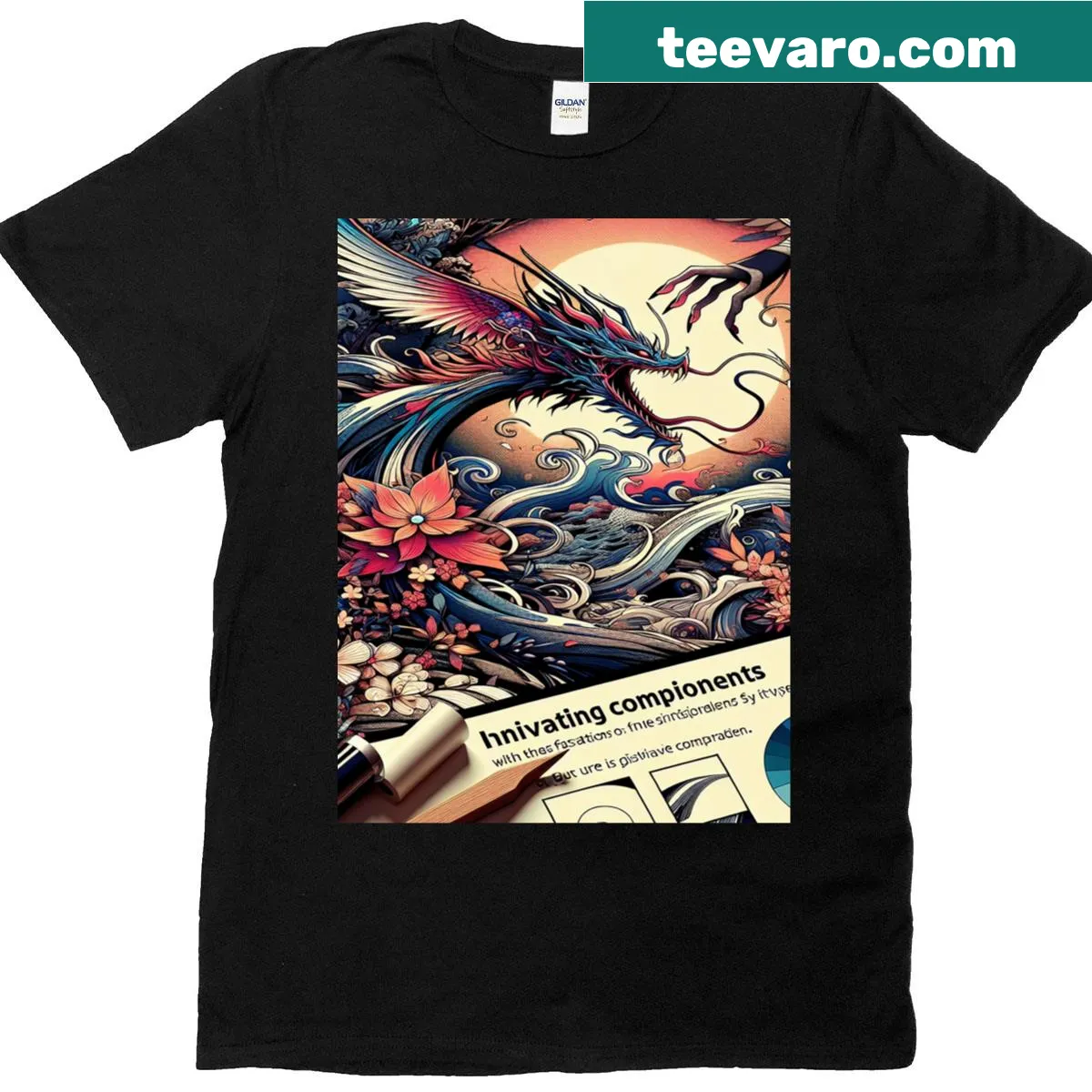 Illustration of embracing dragons on a fantasy-themed T-shirt — on a men's t-shirt