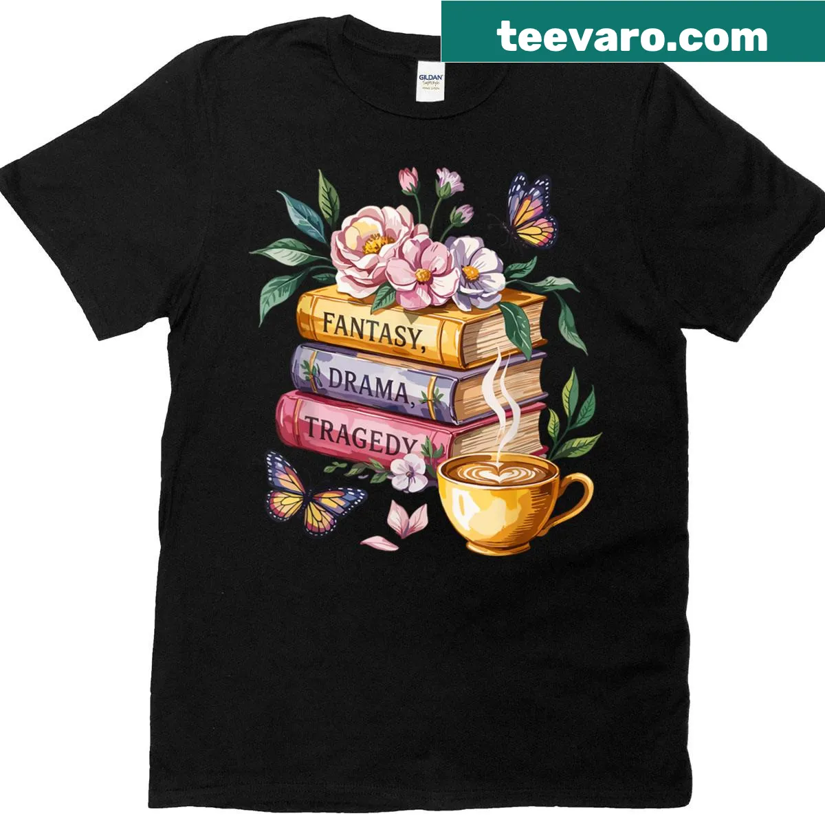 Floral book lover t-shirt with fantasy and coffee design — on a men's t-shirt