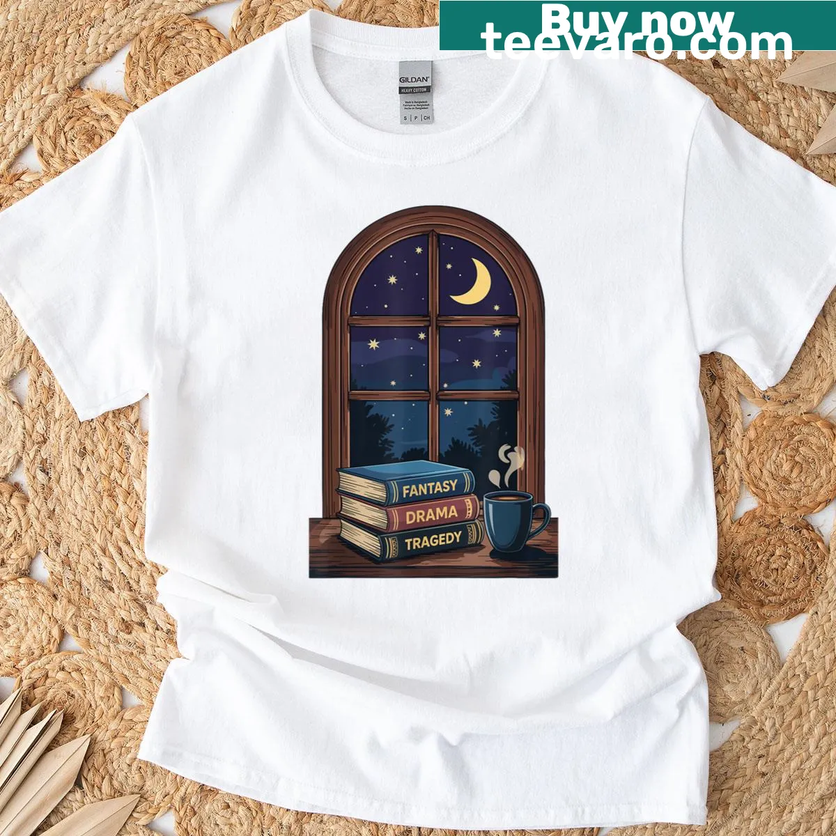 Illustrated design featuring books and coffee for a cozy aesthetic — on a men's t-shirt