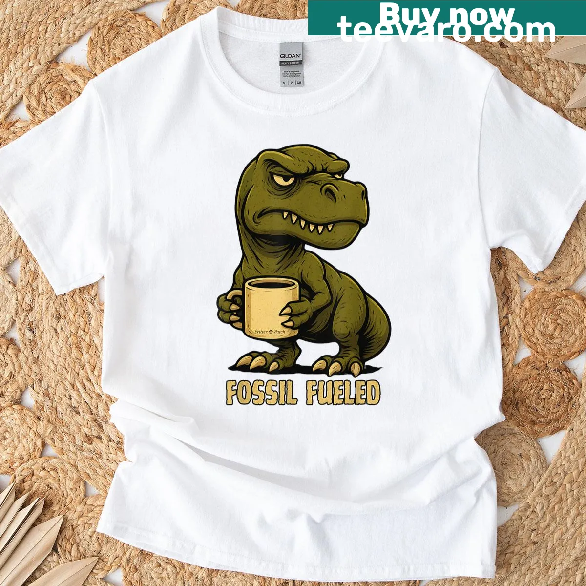 Grumpy T-rex graphic T-shirt for coffee lovers — on a men's t-shirt