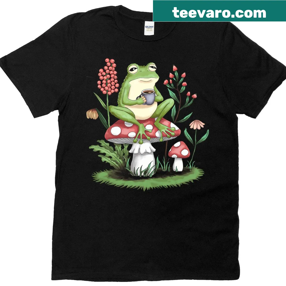Whimsical frog with a teacup and mushrooms illustration on a T-shirt — on a men's t-shirt