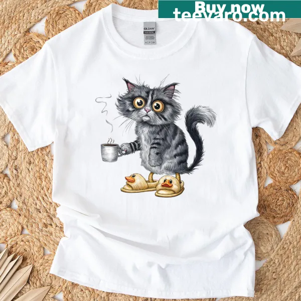 Humorous cat graphic with coffee mug on a t-shirt