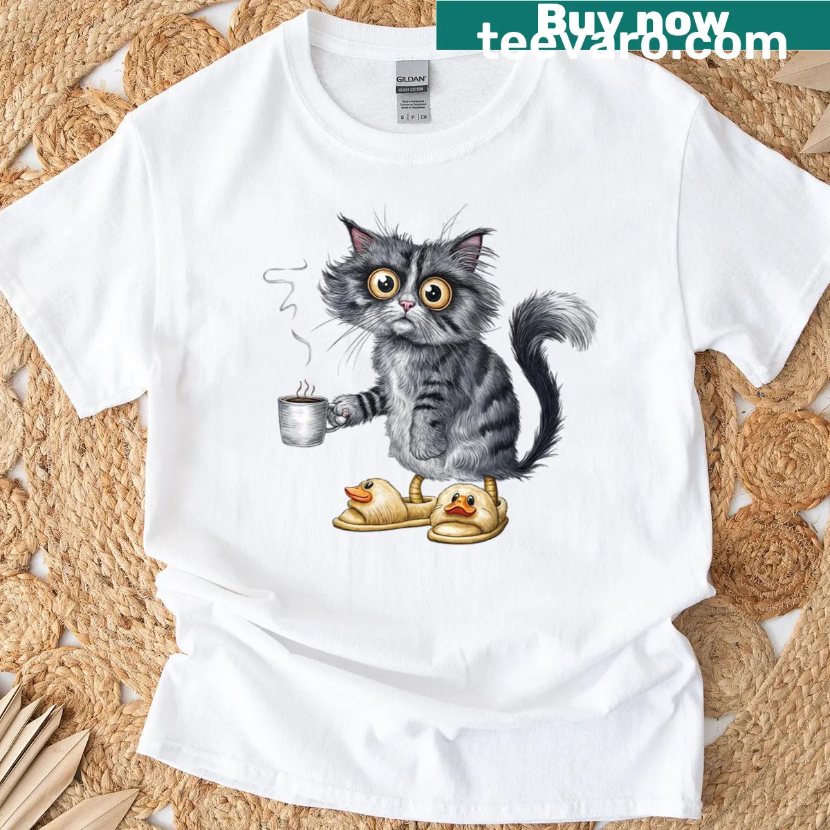 Humorous cat graphic with coffee mug on a t-shirt — on a men's t-shirt