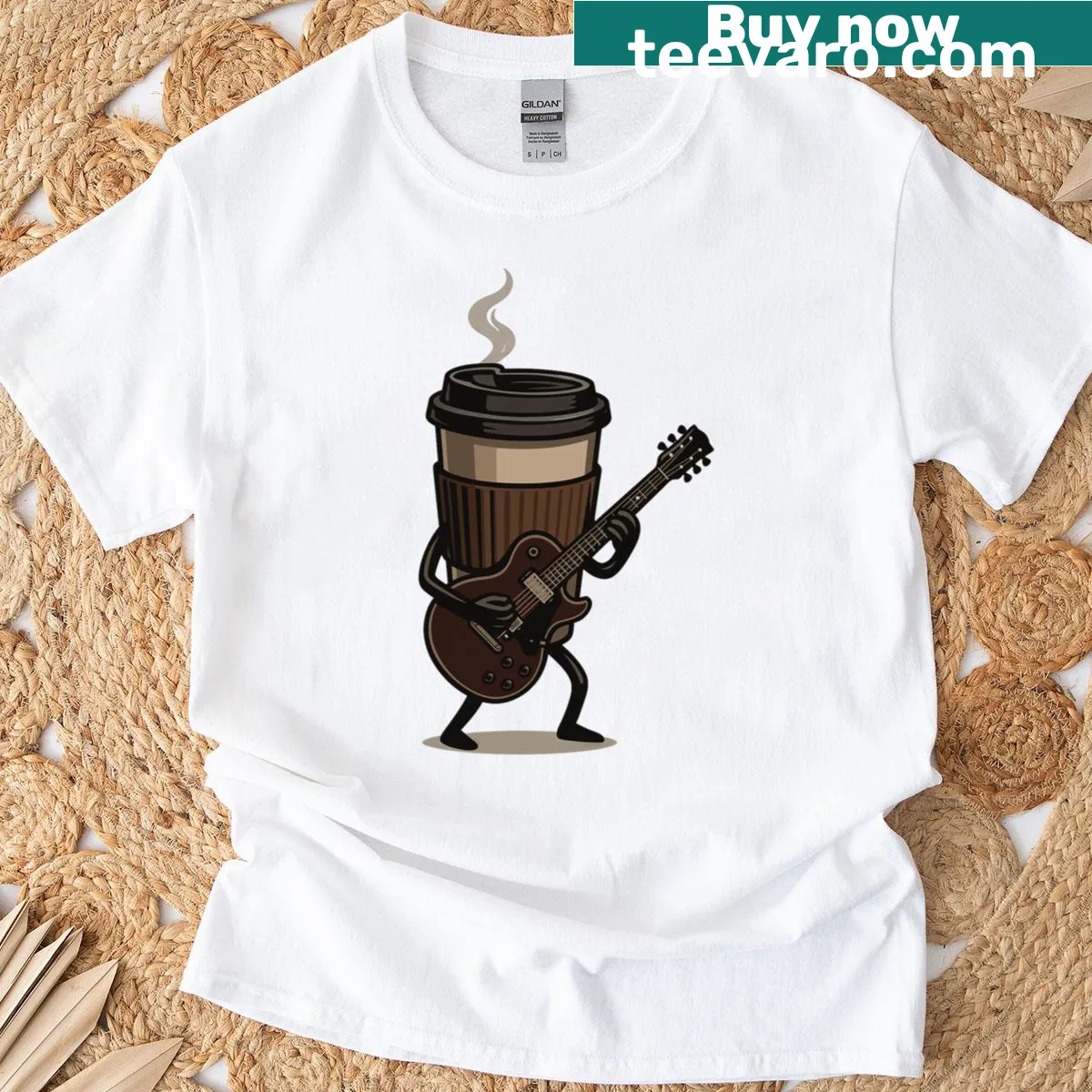 Humorous T-shirt for musicians featuring coffee and guitar theme — on a men's t-shirt