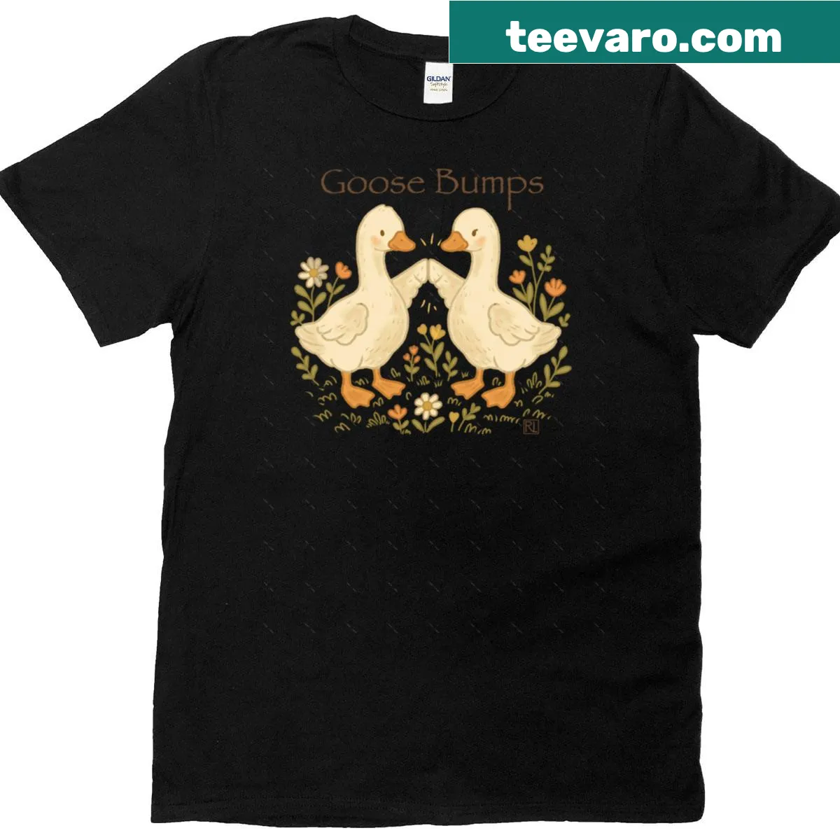 Oversized T-shirt featuring a funny cartoon goose and 'Goose Bumps' text — on a men's t-shirt