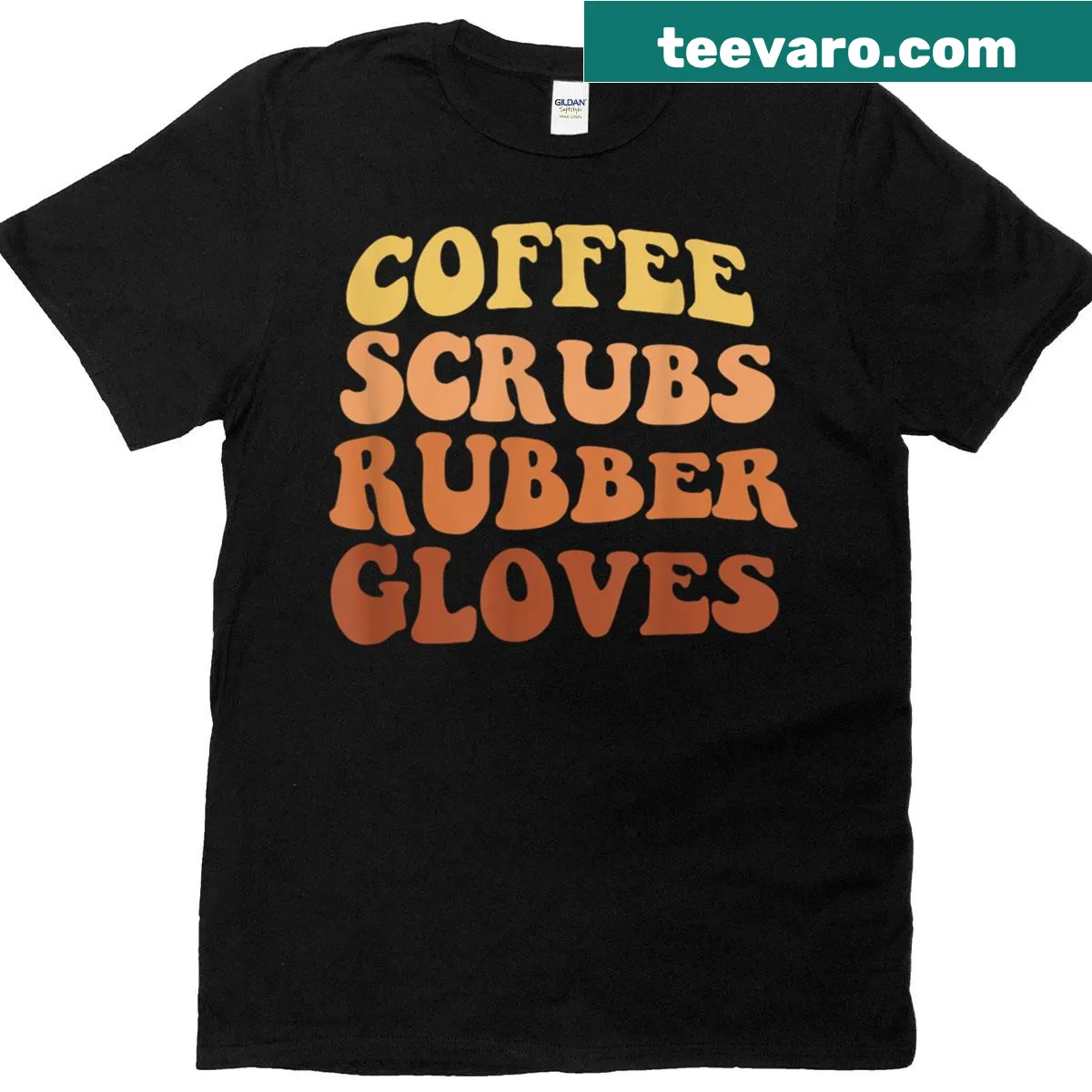 Funny T-shirt with nurse-themed graphics including coffee and scrubs — on a men's t-shirt
