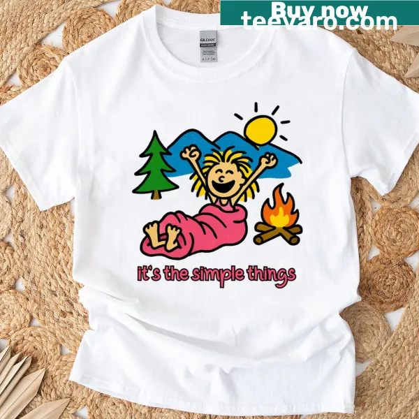 Camping-themed T-shirt with trees and mountains, saying 'It's The Simple Things'