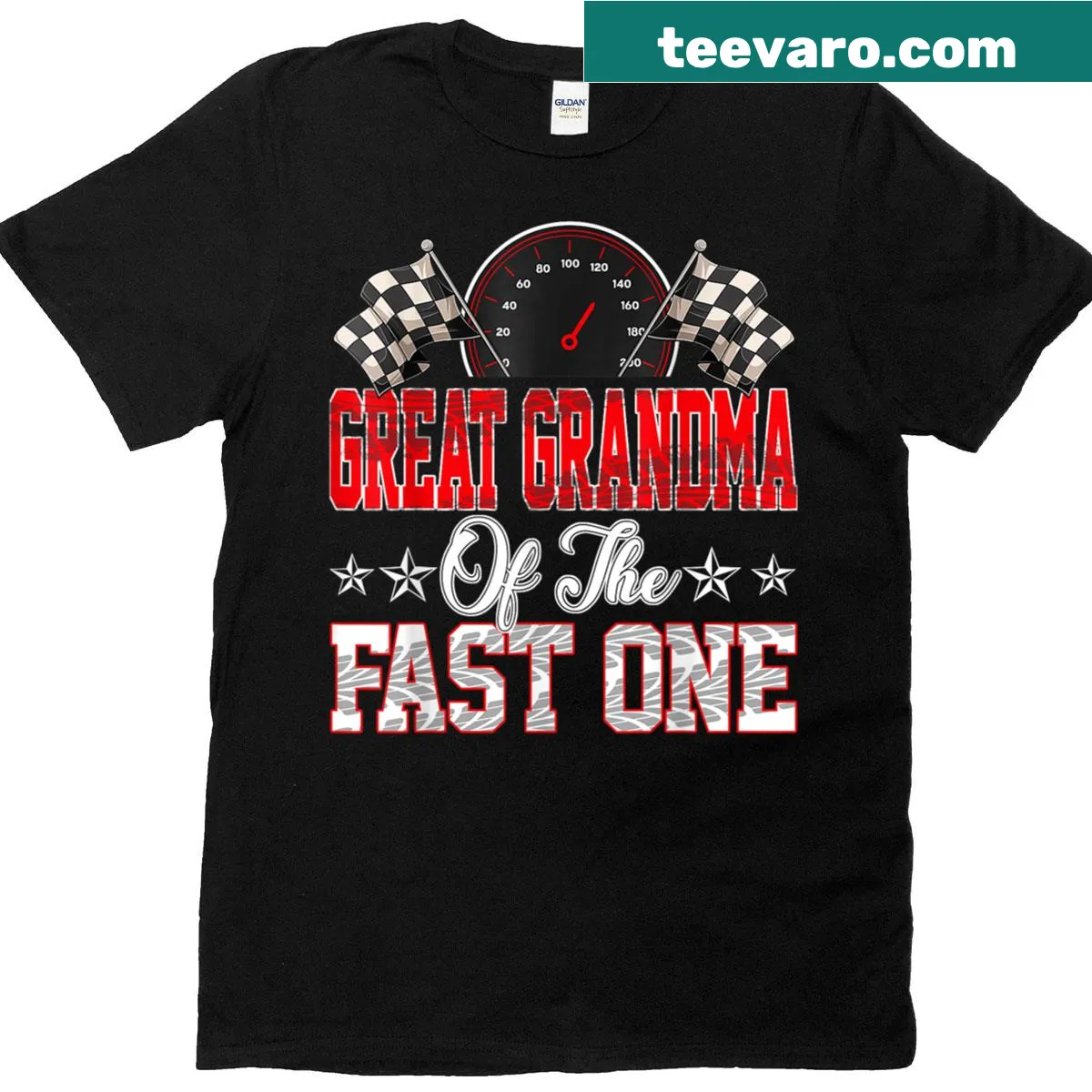 First birthday T-shirt for great grandma with racing car design — on a men's t-shirt