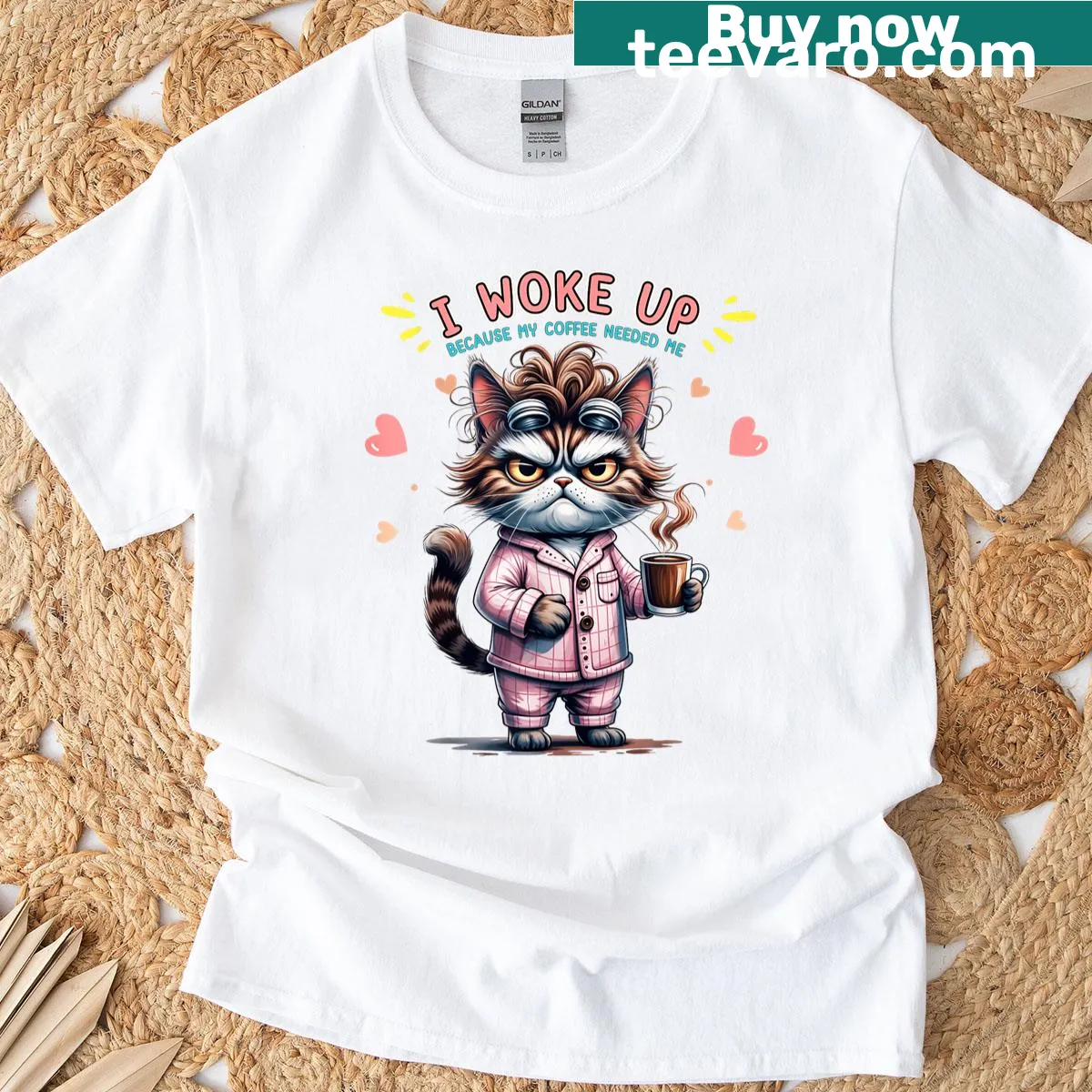 Funny T-shirt with a grumpy cat and coffee theme for cat moms — on a men's t-shirt