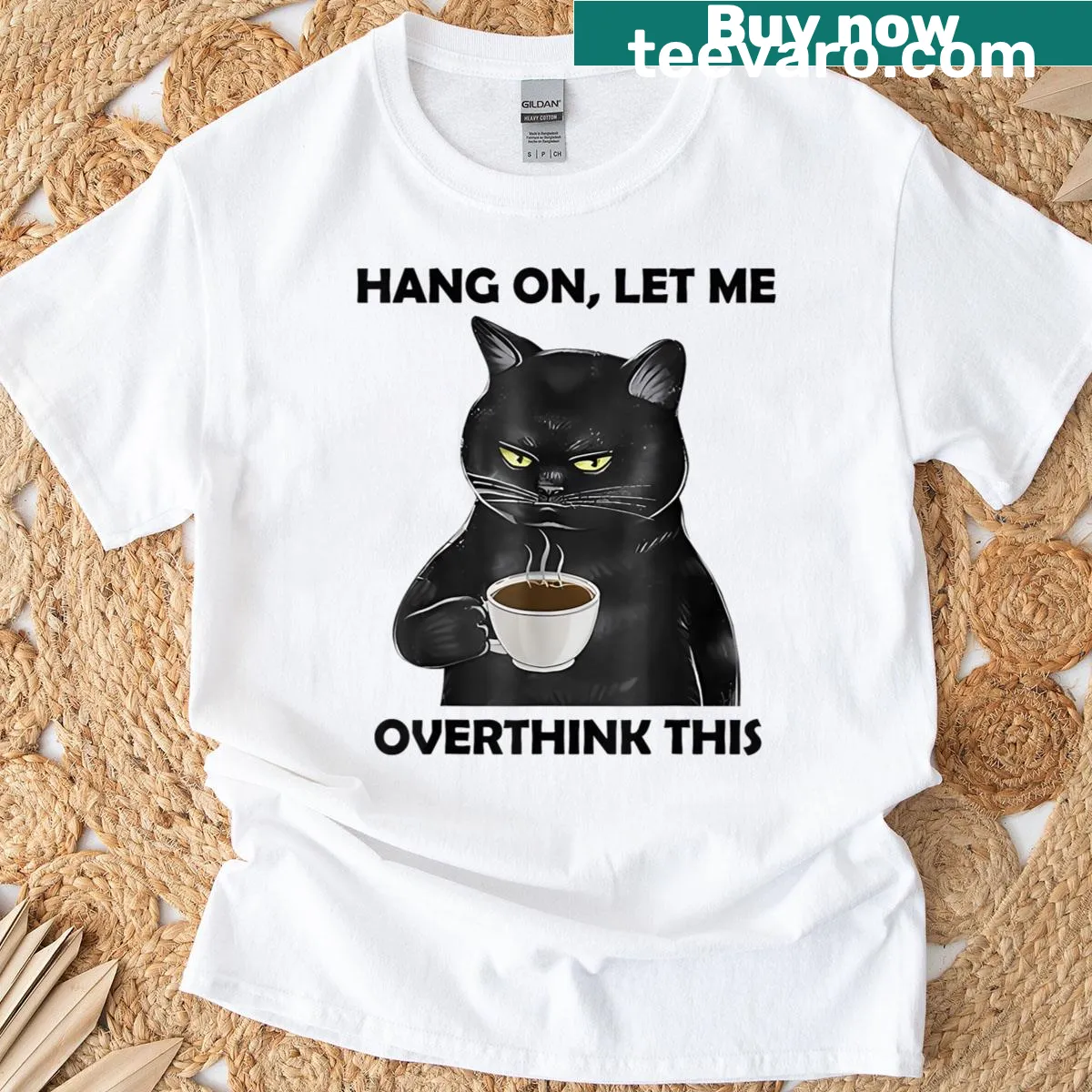 Sarcastic T-shirt featuring a black cat and the phrase 'Hang On Let Me Overthink This' — on a men's t-shirt