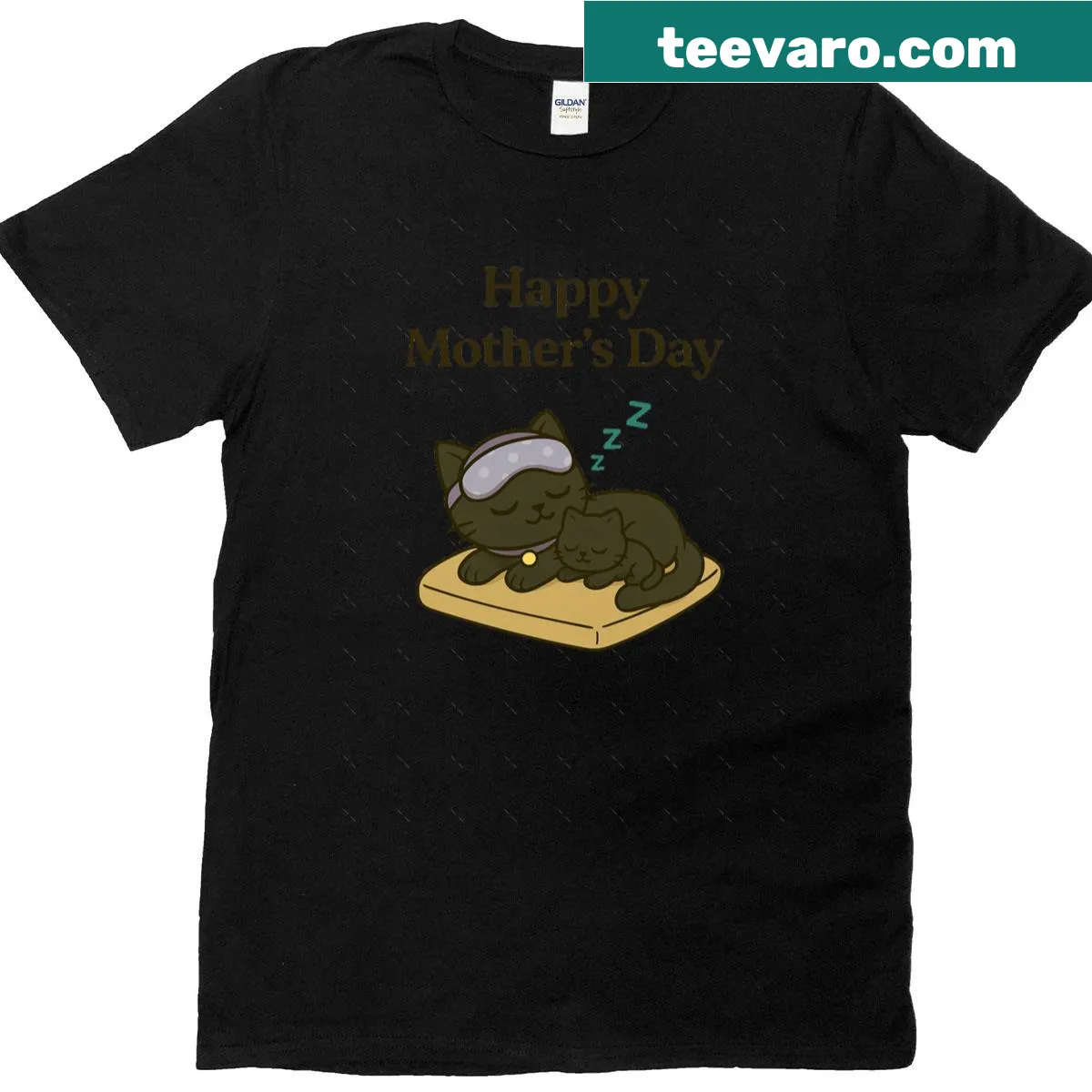 Oversized T-shirt with a cozy cat mom and kitten sleeping design. — on a men's t-shirt